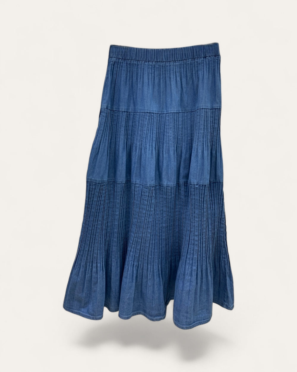 Tiered Pleated Denim Midi Skirt - Zilvina