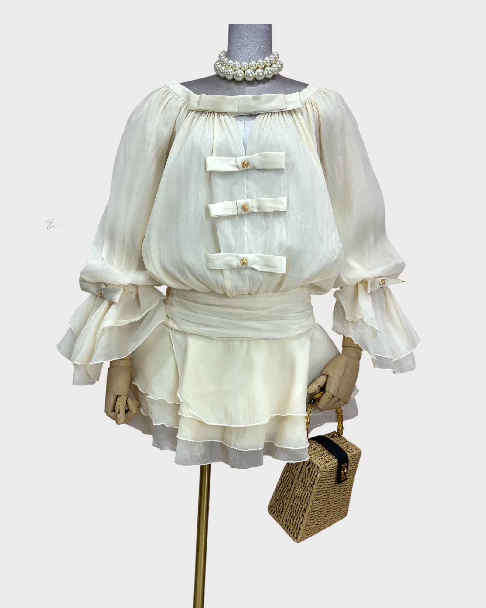 Tiered Ruffle Hem Off - Shoulder Mini Dress with Bow Detail - Zilvina