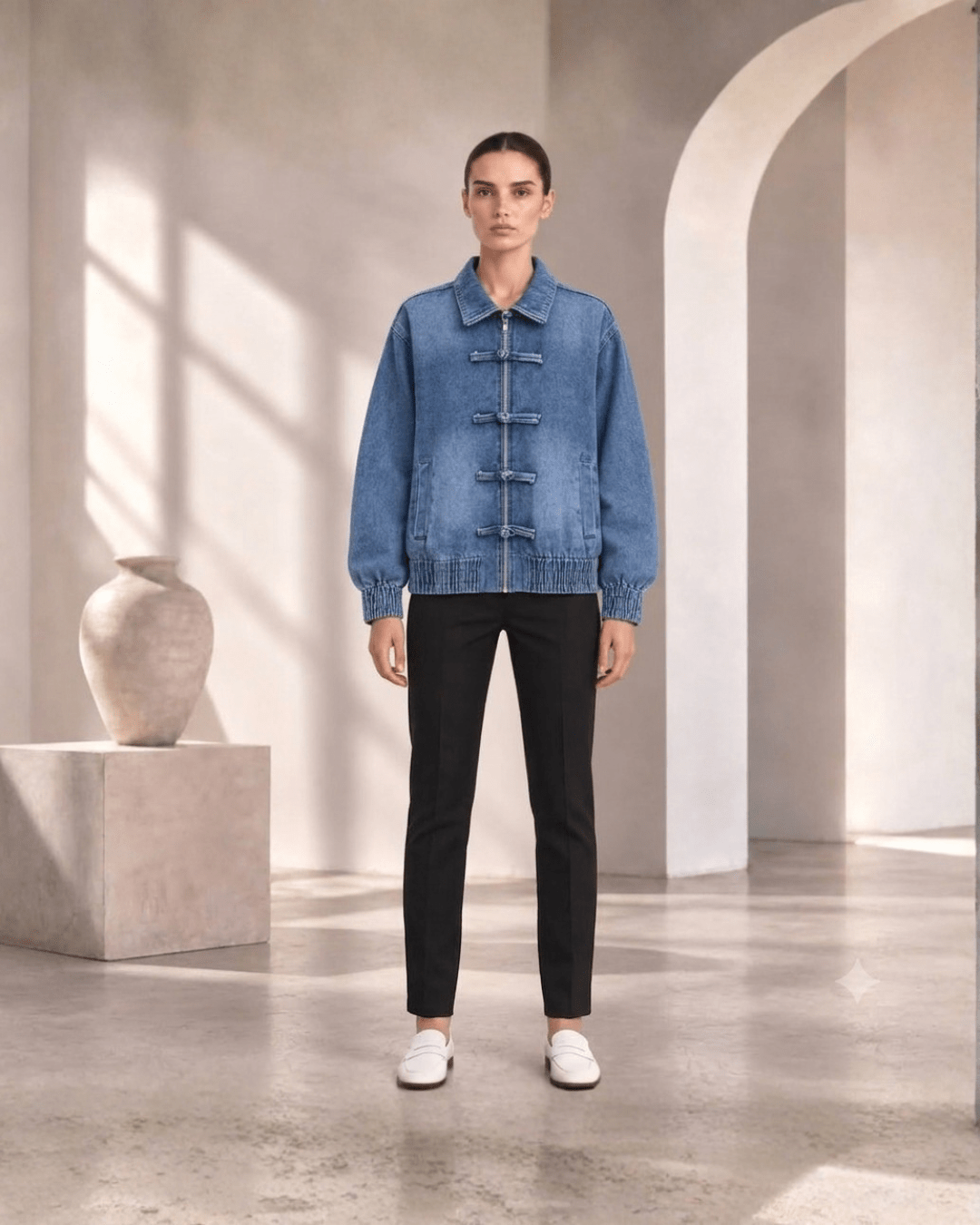 Toggle Detail Denim Bomber Jacket - Zilvina