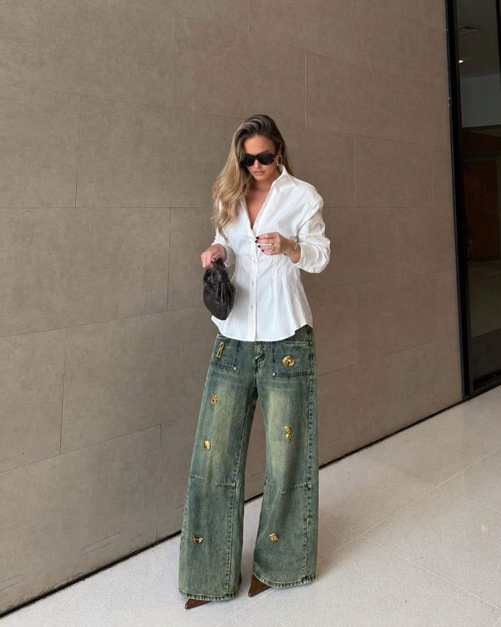 Washed Embellished Straight Leg Jeans