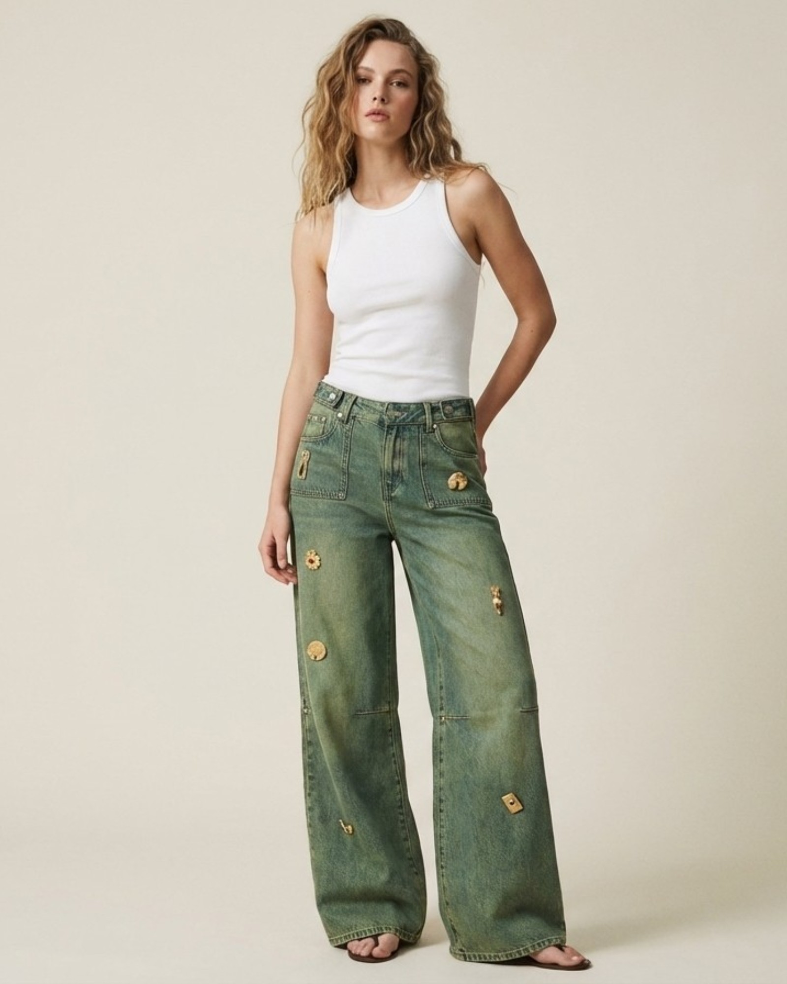 Washed Embellished Straight Leg Jeans