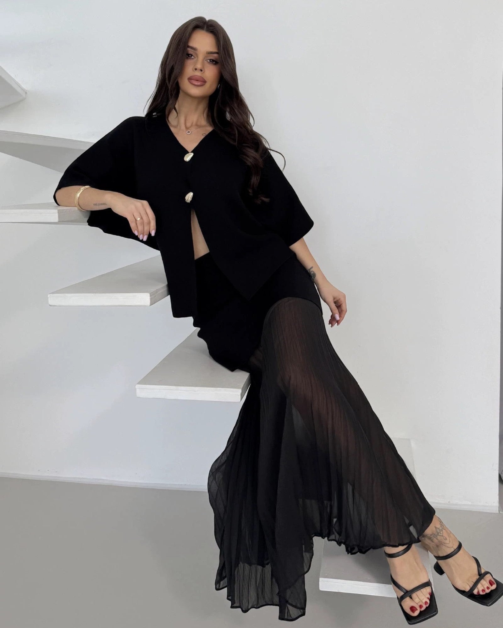 Two - Piece Knit Sets with Pleated Maxi Skirt - Zilvina