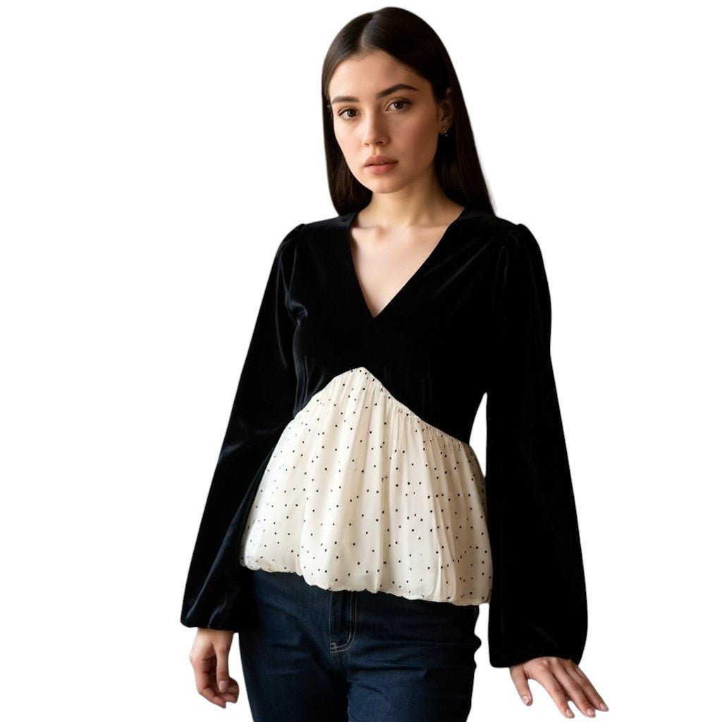 Velvet Babydoll Top with Polka Dot Mesh - Zilvina