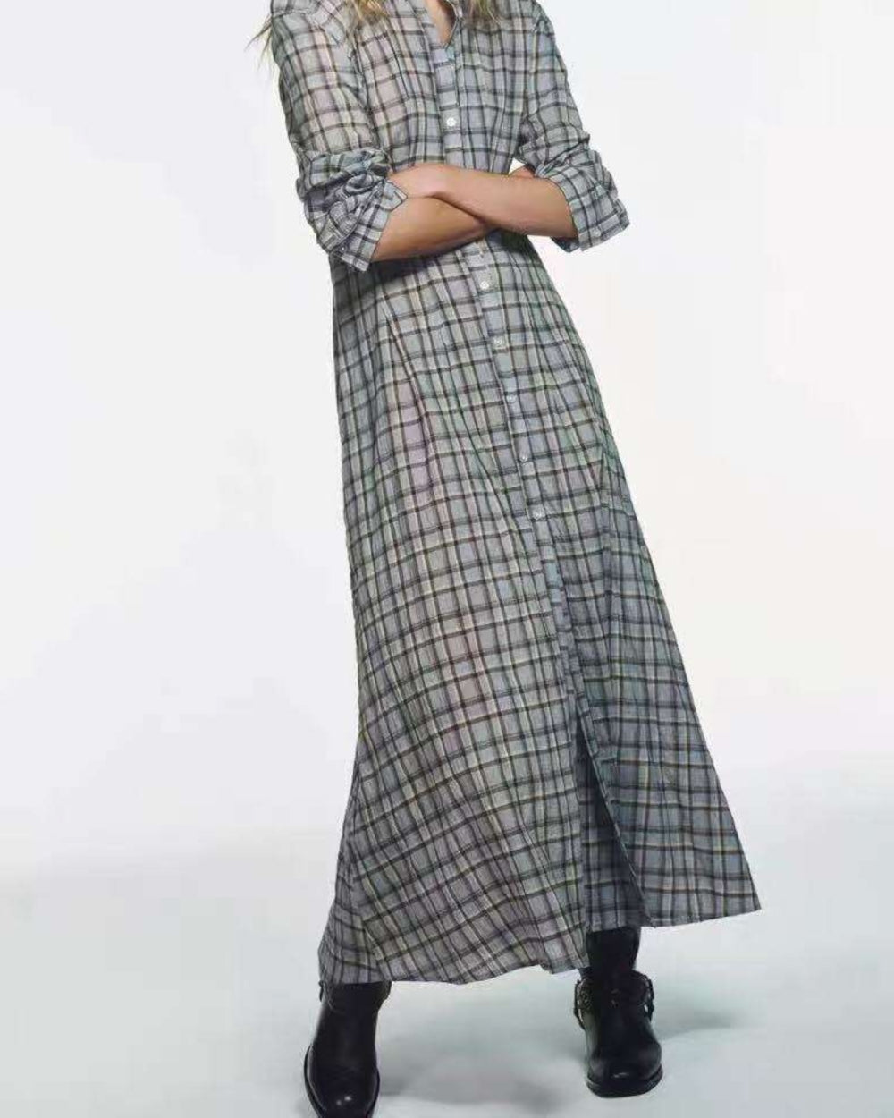 Vintage Plaid Button - Up Maxi Shirt Dress - Zilvina