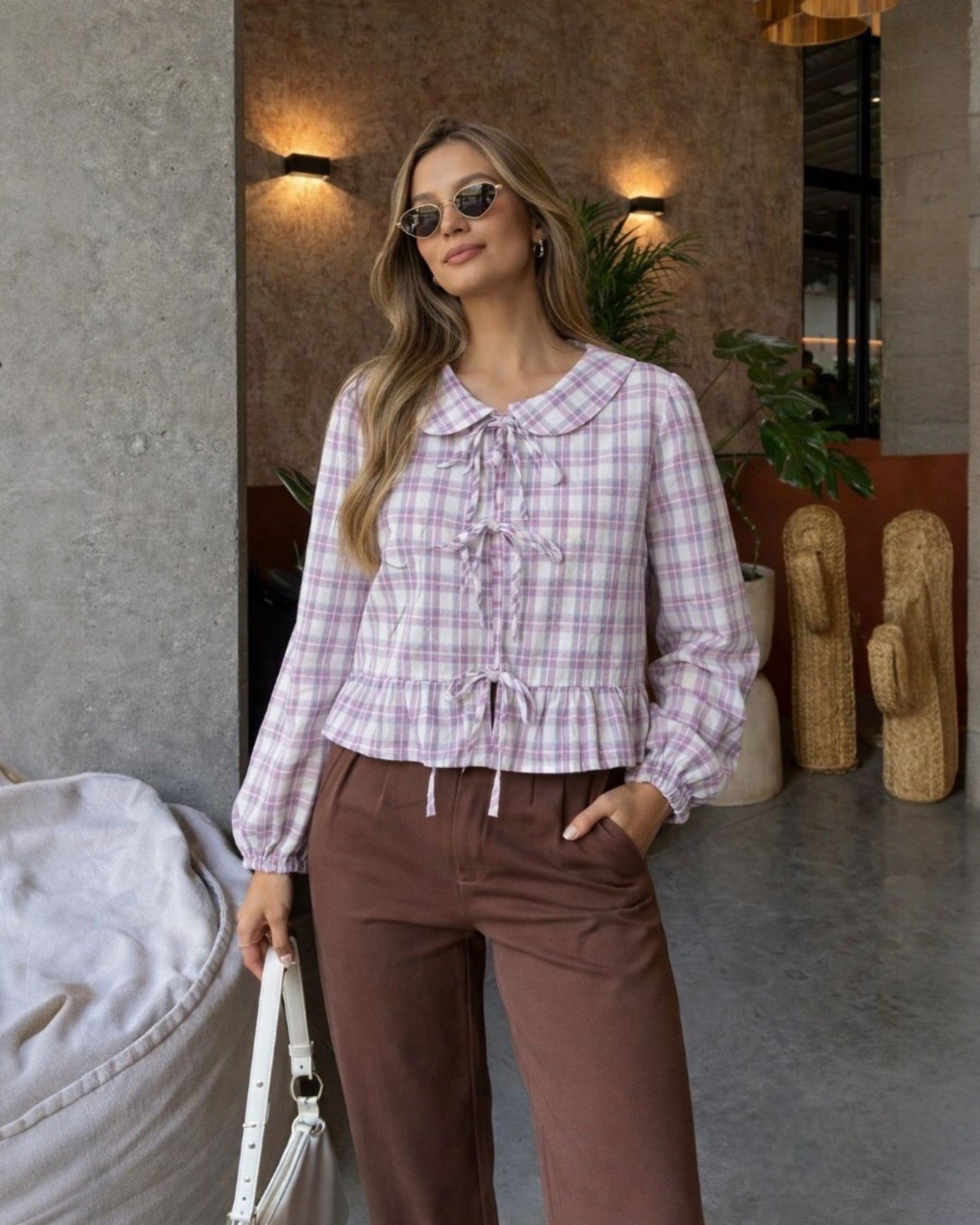 Vintage Plaid Peter Pan Collar Blouse - Zilvina