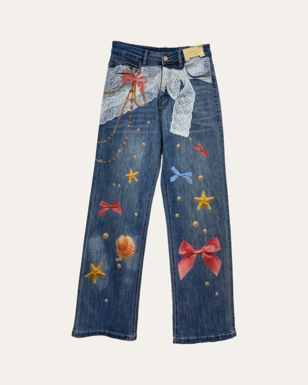 Vintage Printed Lace & Bowtie Straight Leg Jeans - Zilvina