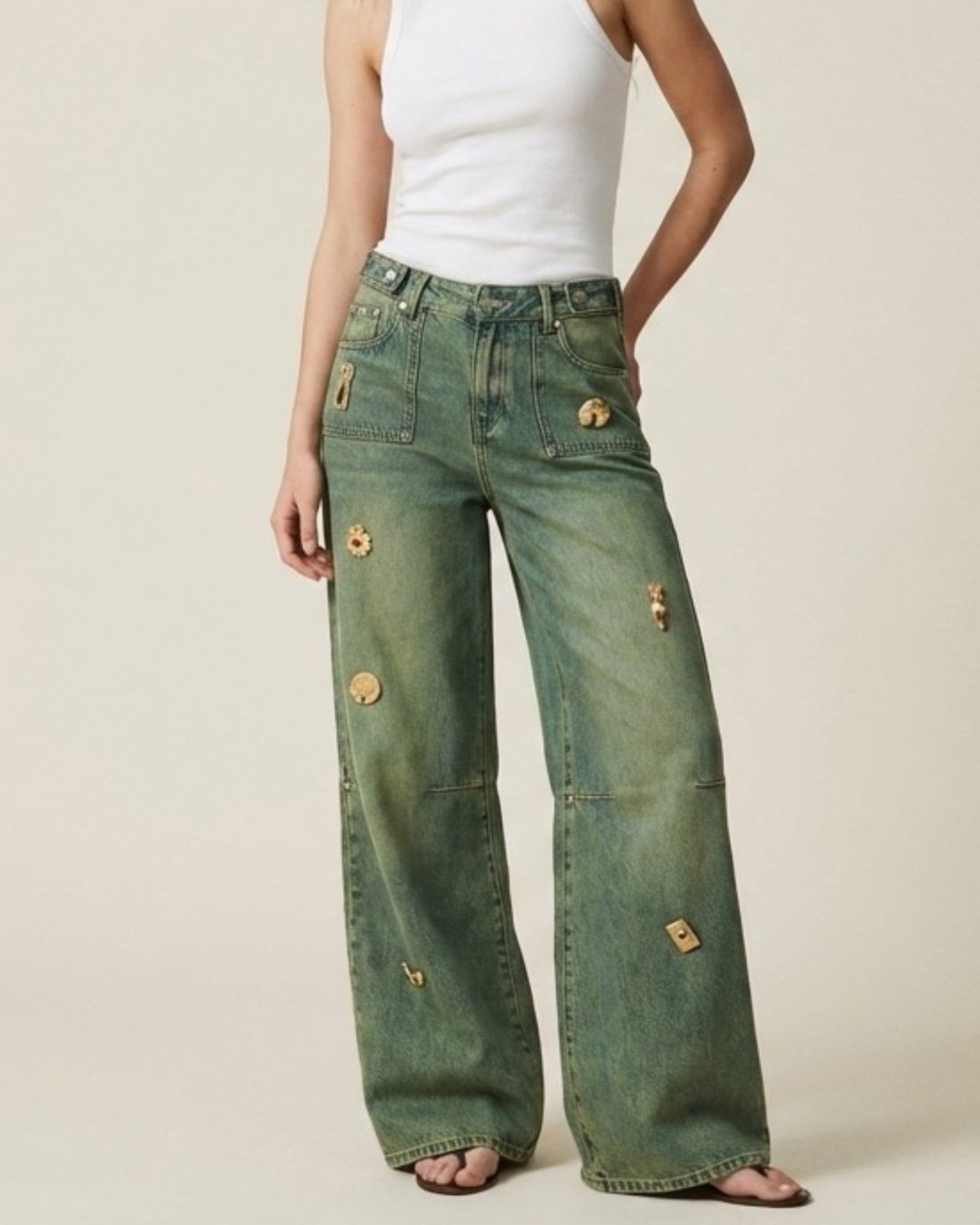 Washed Embellished Straight Leg Jeans - Zilvina