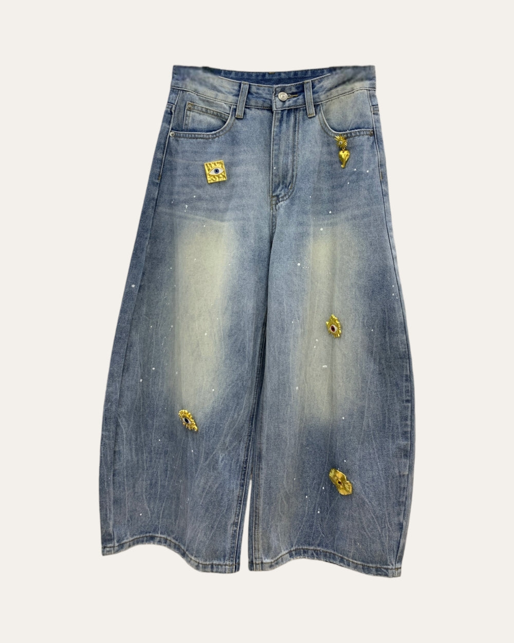 Washed Embellished Wide - Leg Denim Shorts - Zilvina