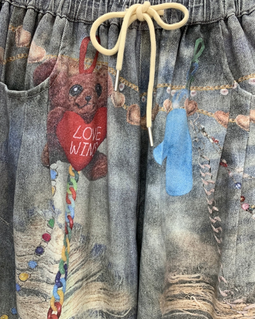 Washed Graphic Drawstring Wide Leg Jeans - Zilvina