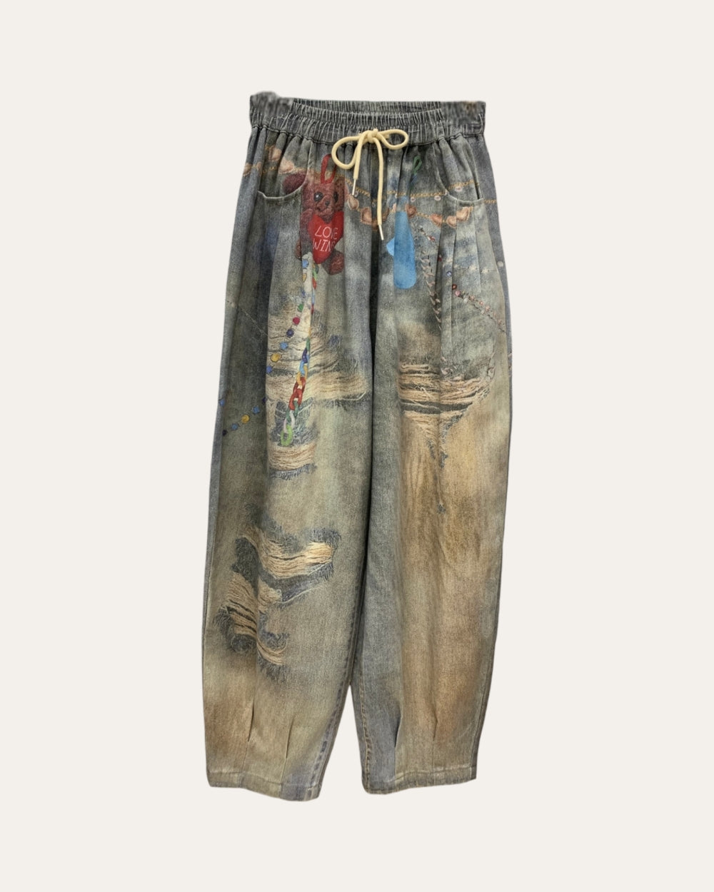 Washed Graphic Drawstring Wide Leg Jeans - Zilvina