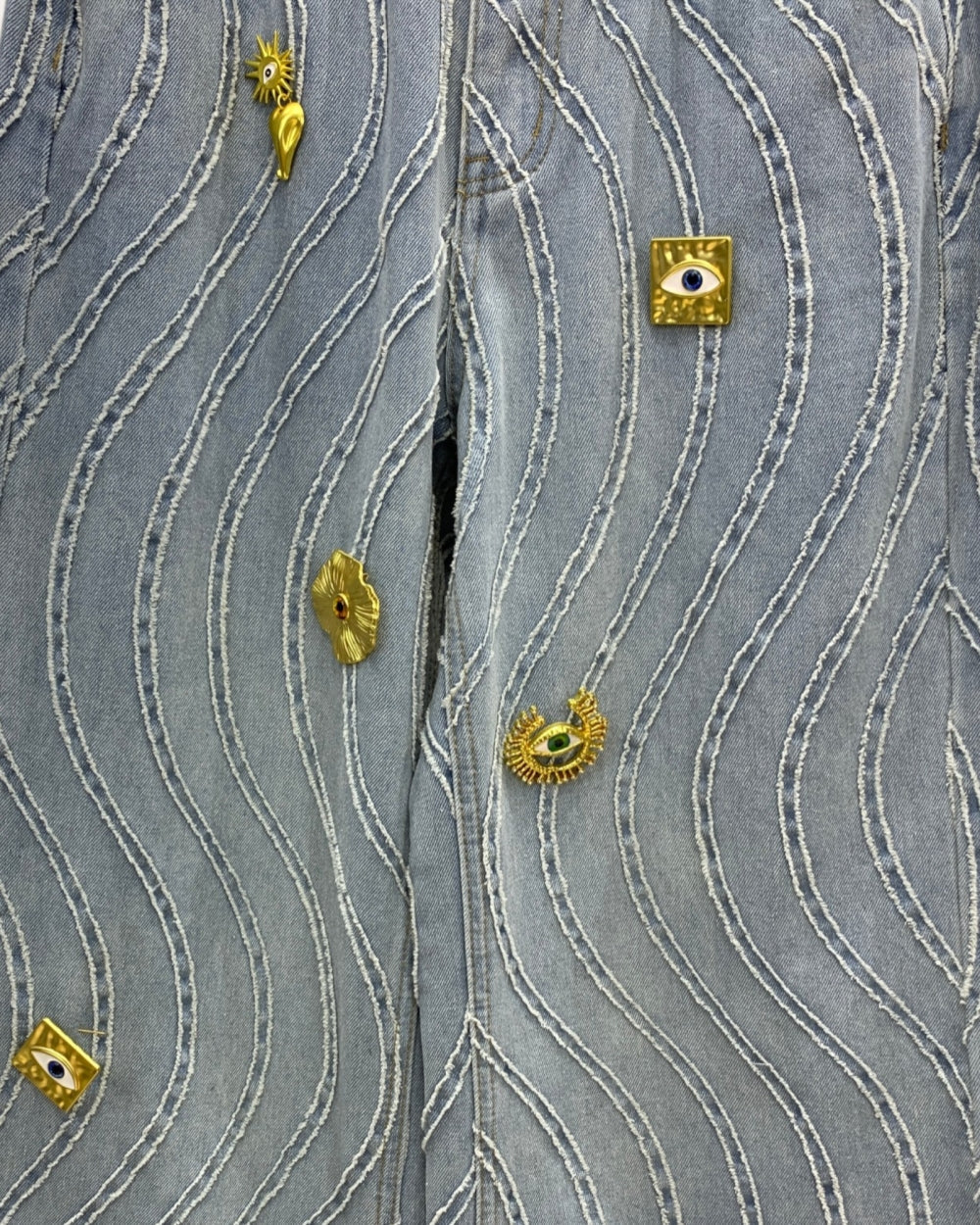 Wave Stitch Embellished Denim Pants - Zilvina