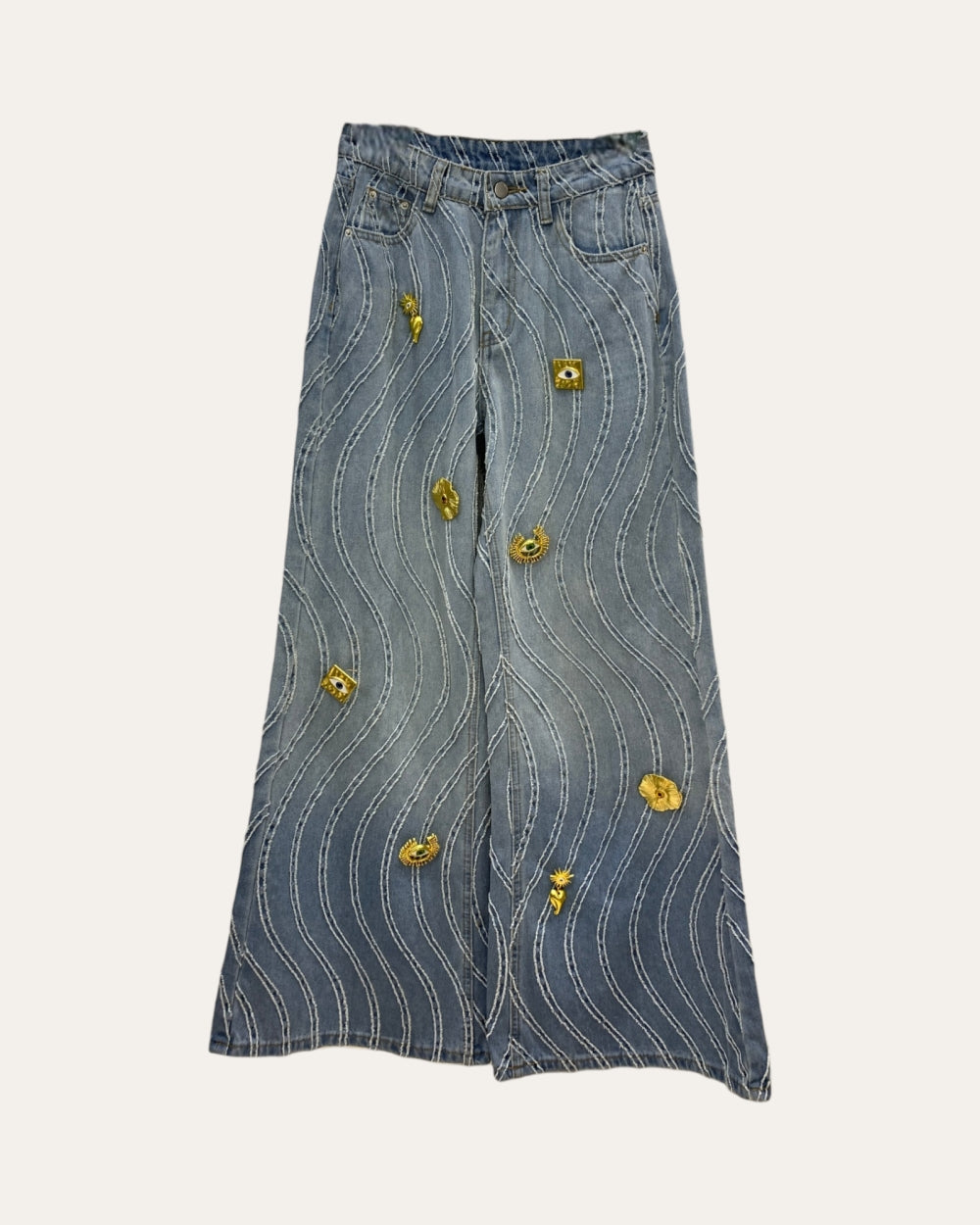 Wave Stitch Embellished Denim Pants - Zilvina
