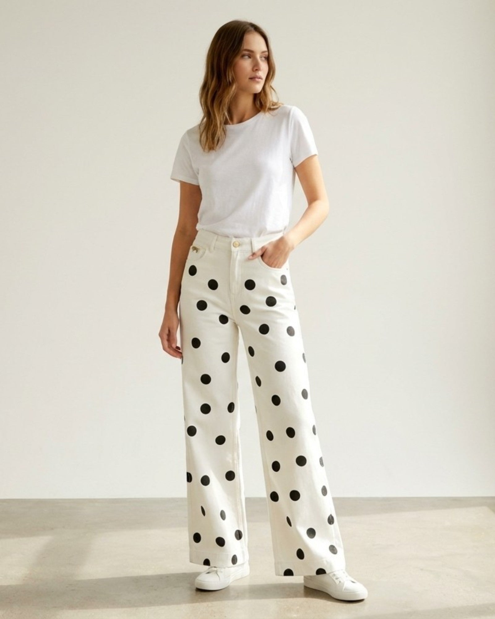 WHITE POLKA DOT DENIM PANTS - Zilvina