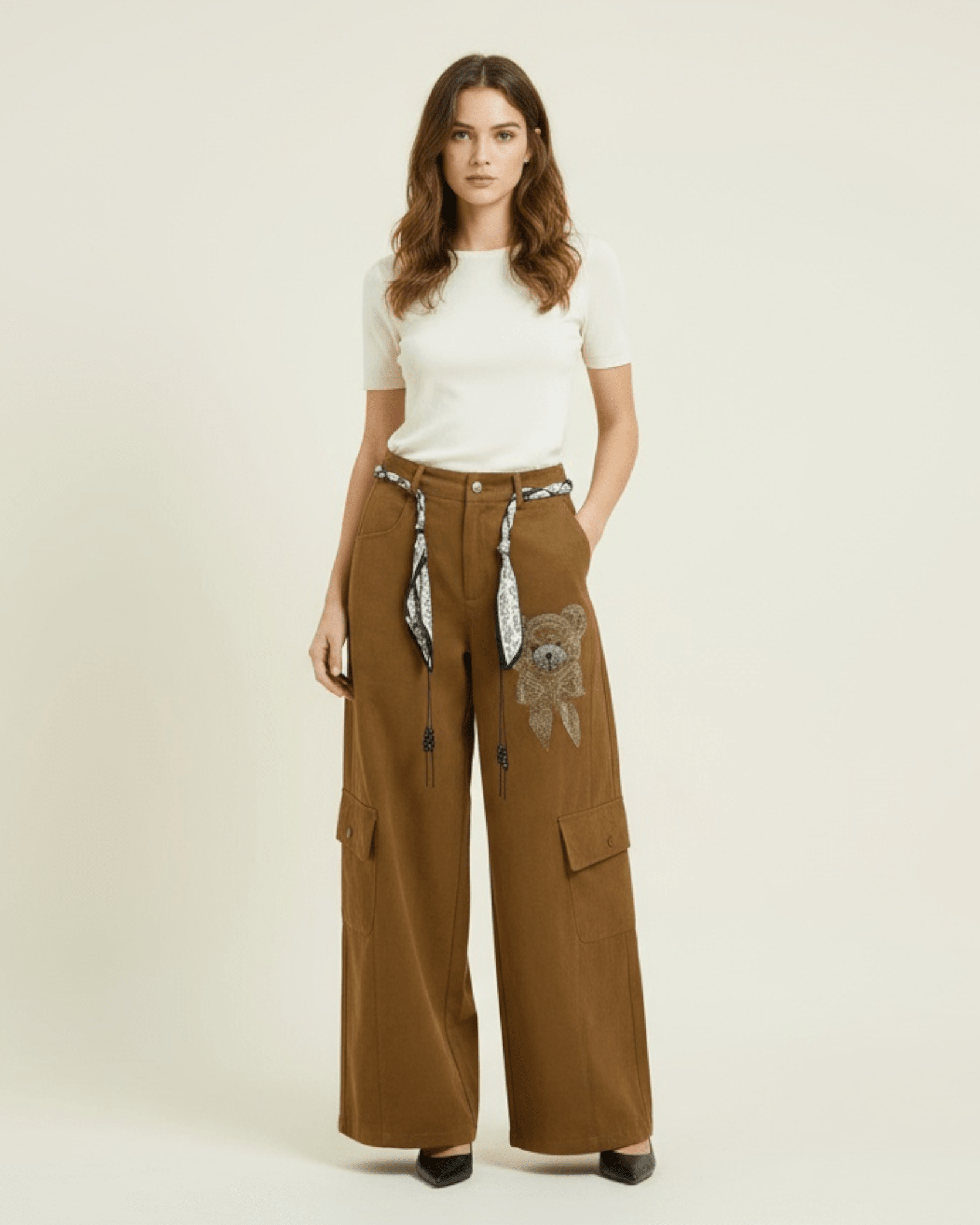Wide - Leg Cargo Pants with Embellished Bear Patch - Zilvina