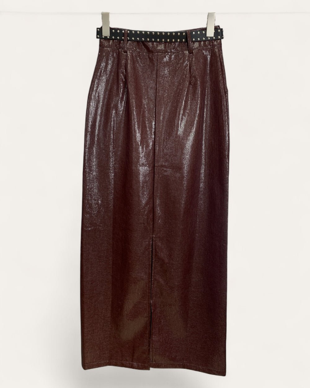 Wine Red Faux Leather Pencil Skirt - Zilvina