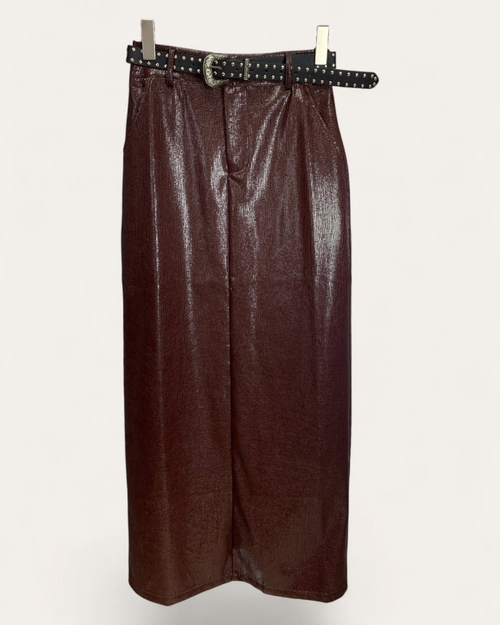 Wine Red Faux Leather Pencil Skirt - Zilvina