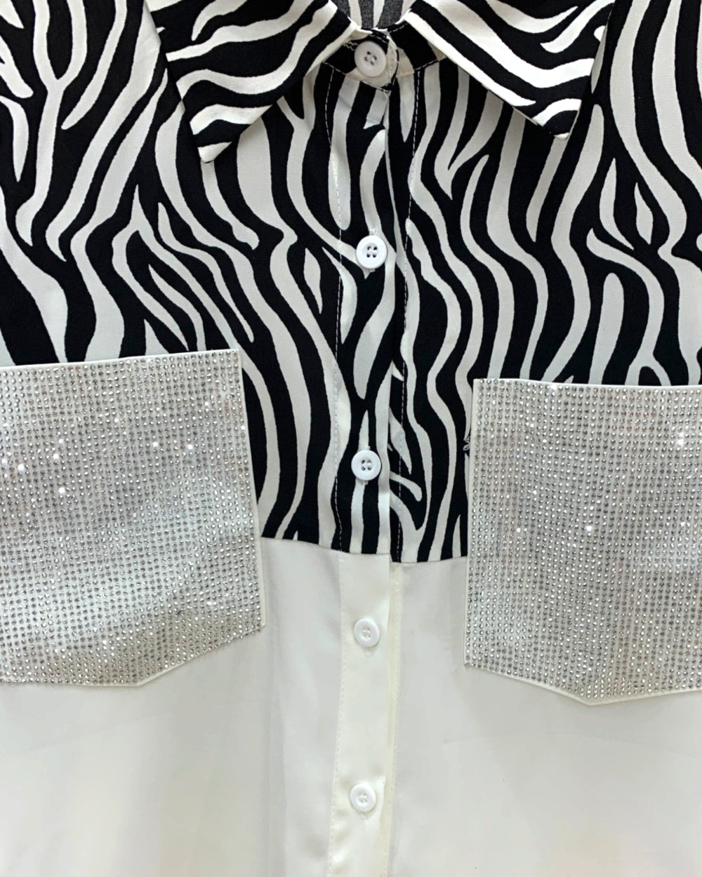 Zebra Print Rhinestone Pocket Blouse - Zilvina