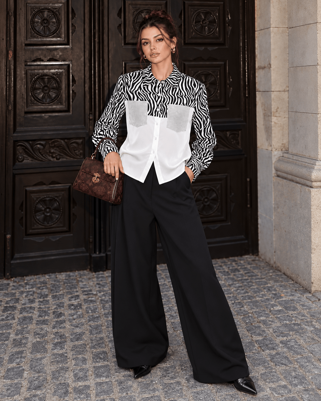 Zebra Print Rhinestone Pocket Blouse - Zilvina