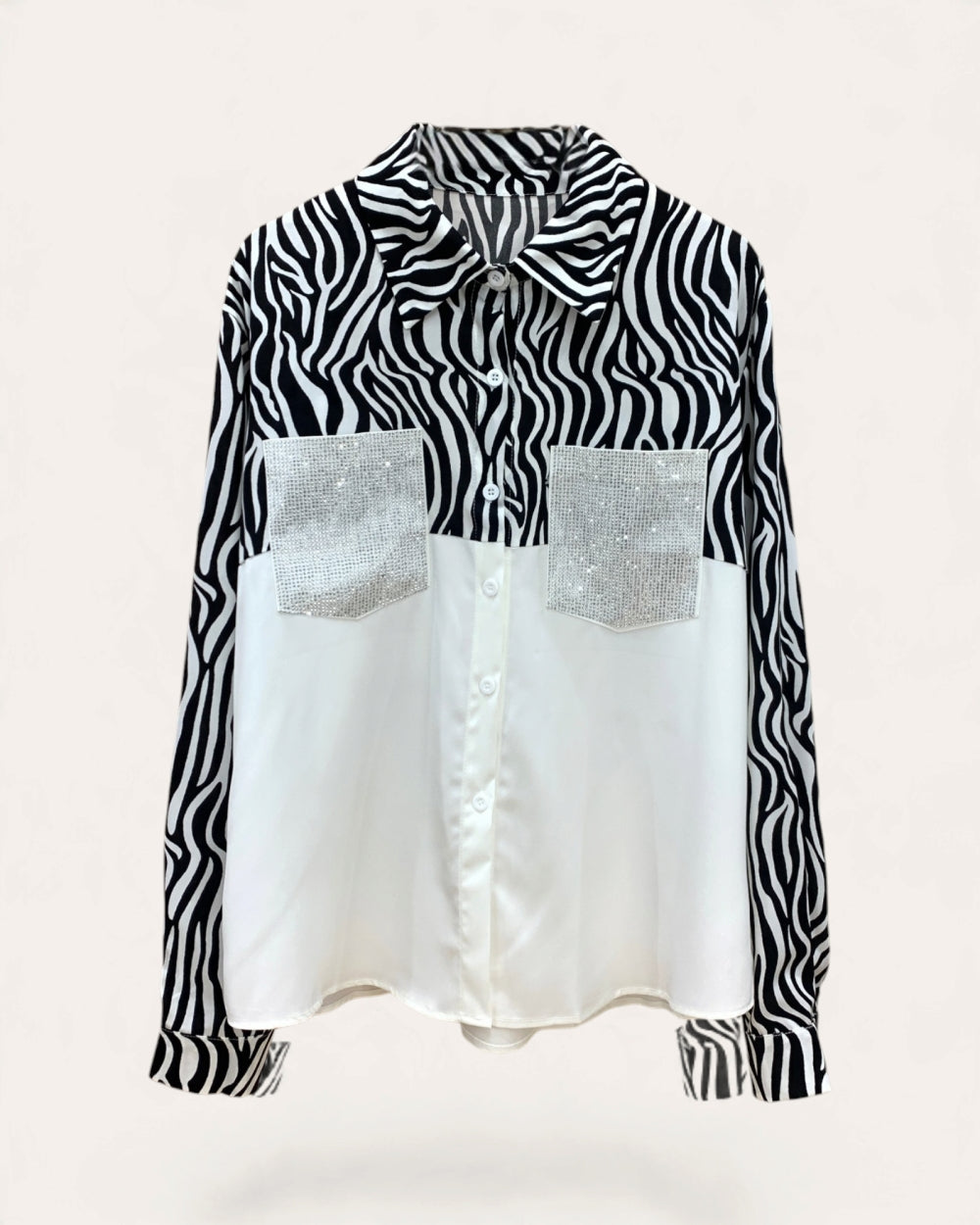 Zebra Print Rhinestone Pocket Blouse - Zilvina