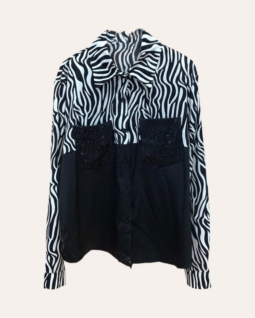 Zebra Print Rhinestone Pocket Blouse - Zilvina