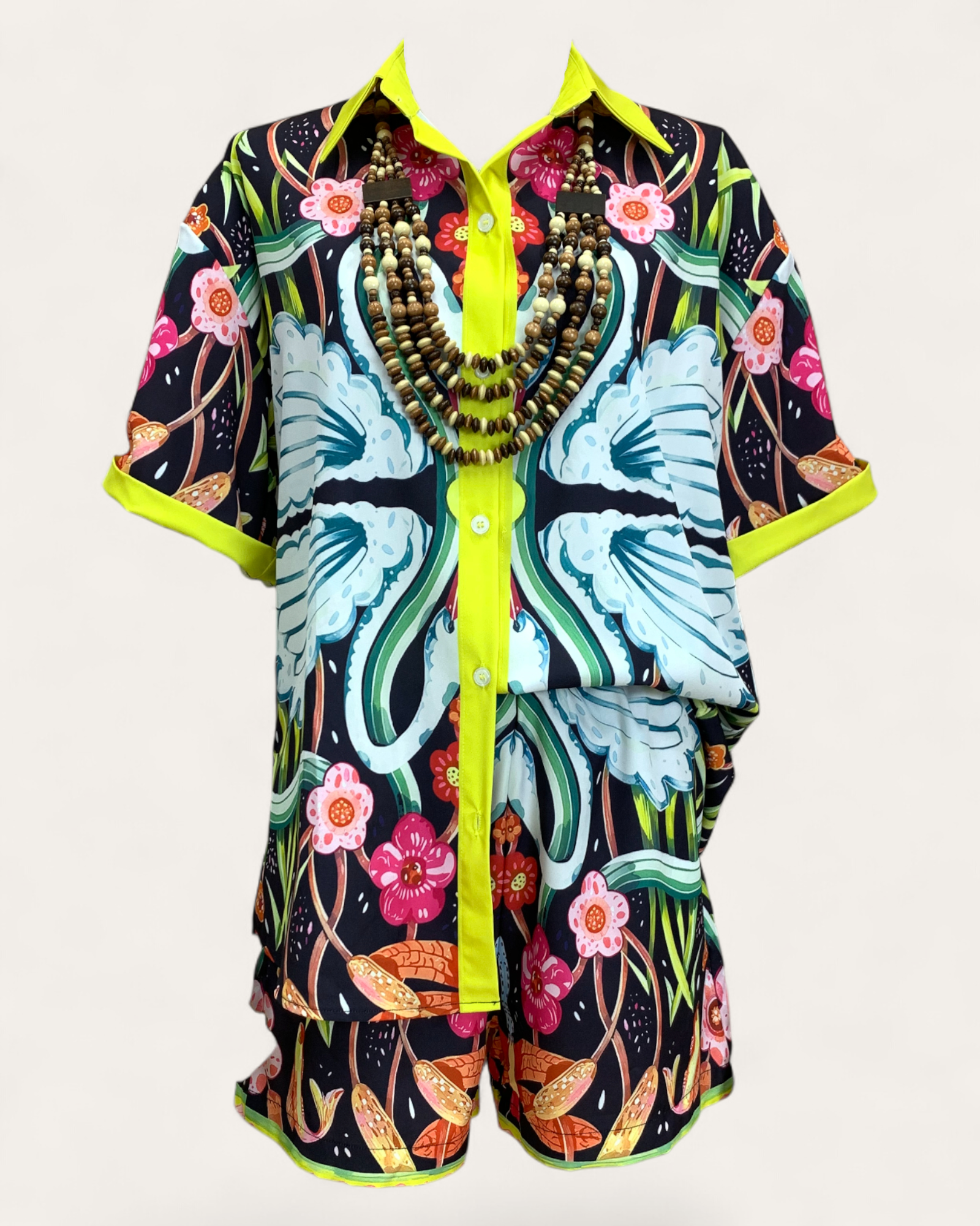 Tropical Print Button-Up Shirt and Shorts Set with Yellow Trim