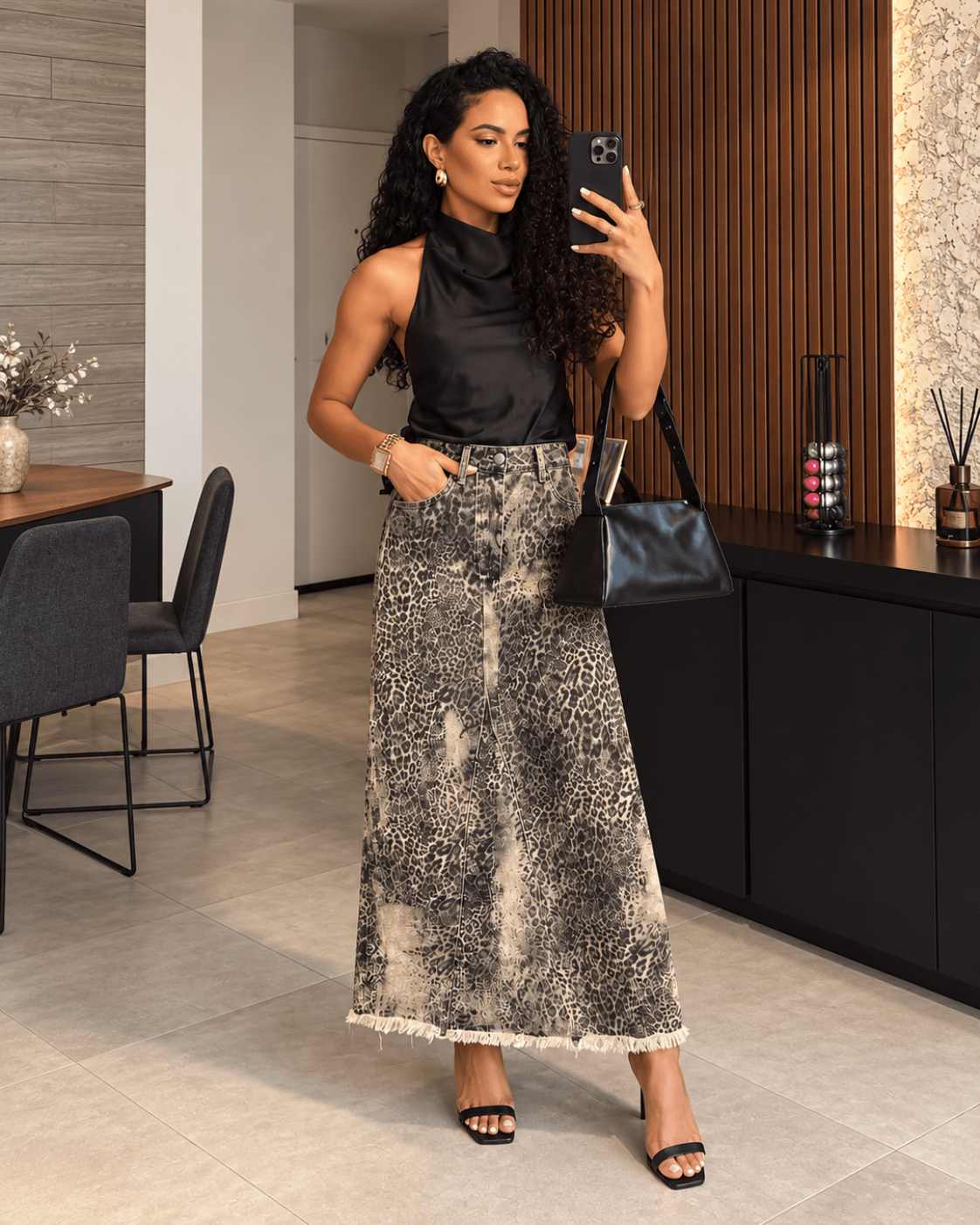 Faded Wild Leopard Denim Maxi Skirt
