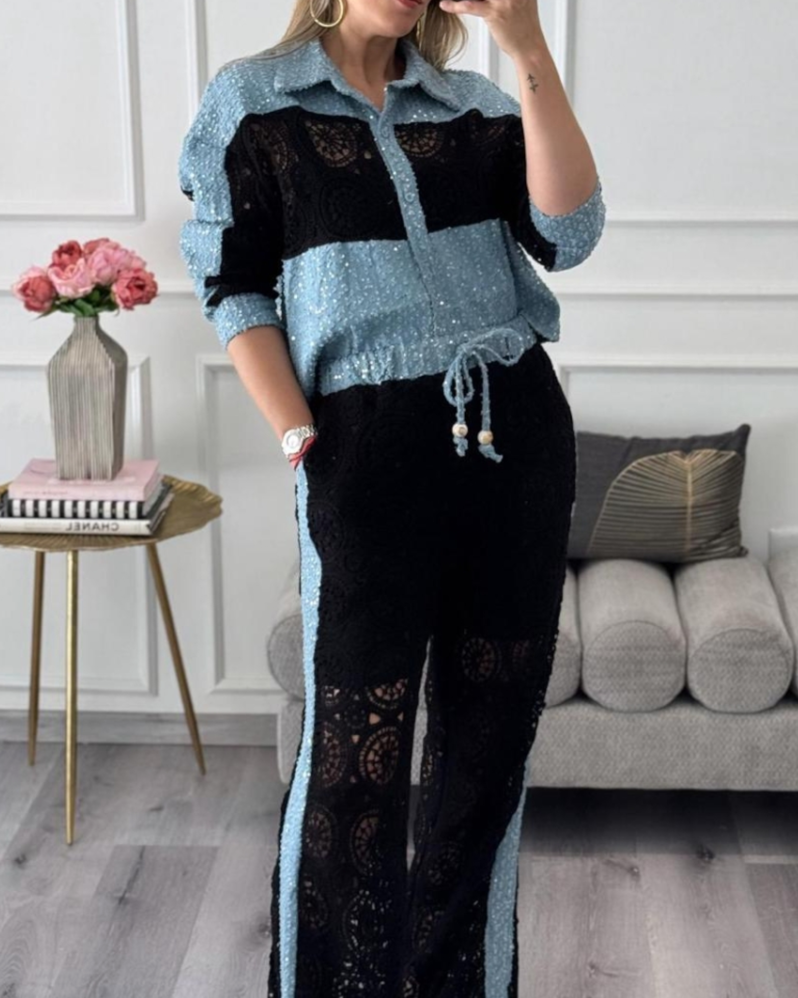 Sequin Denim Patchwork Crochet Se