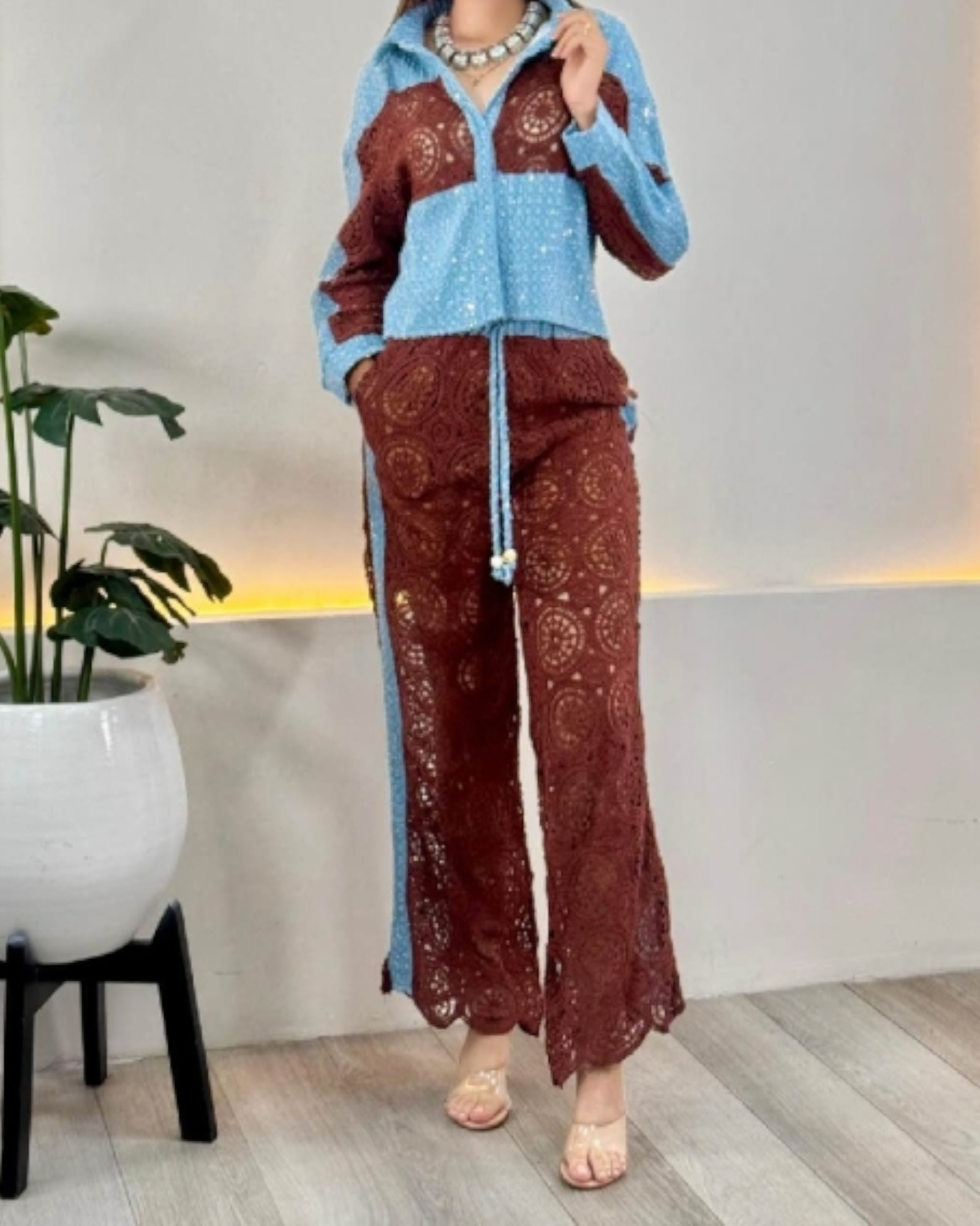 Sequin Denim Patchwork Crochet Se