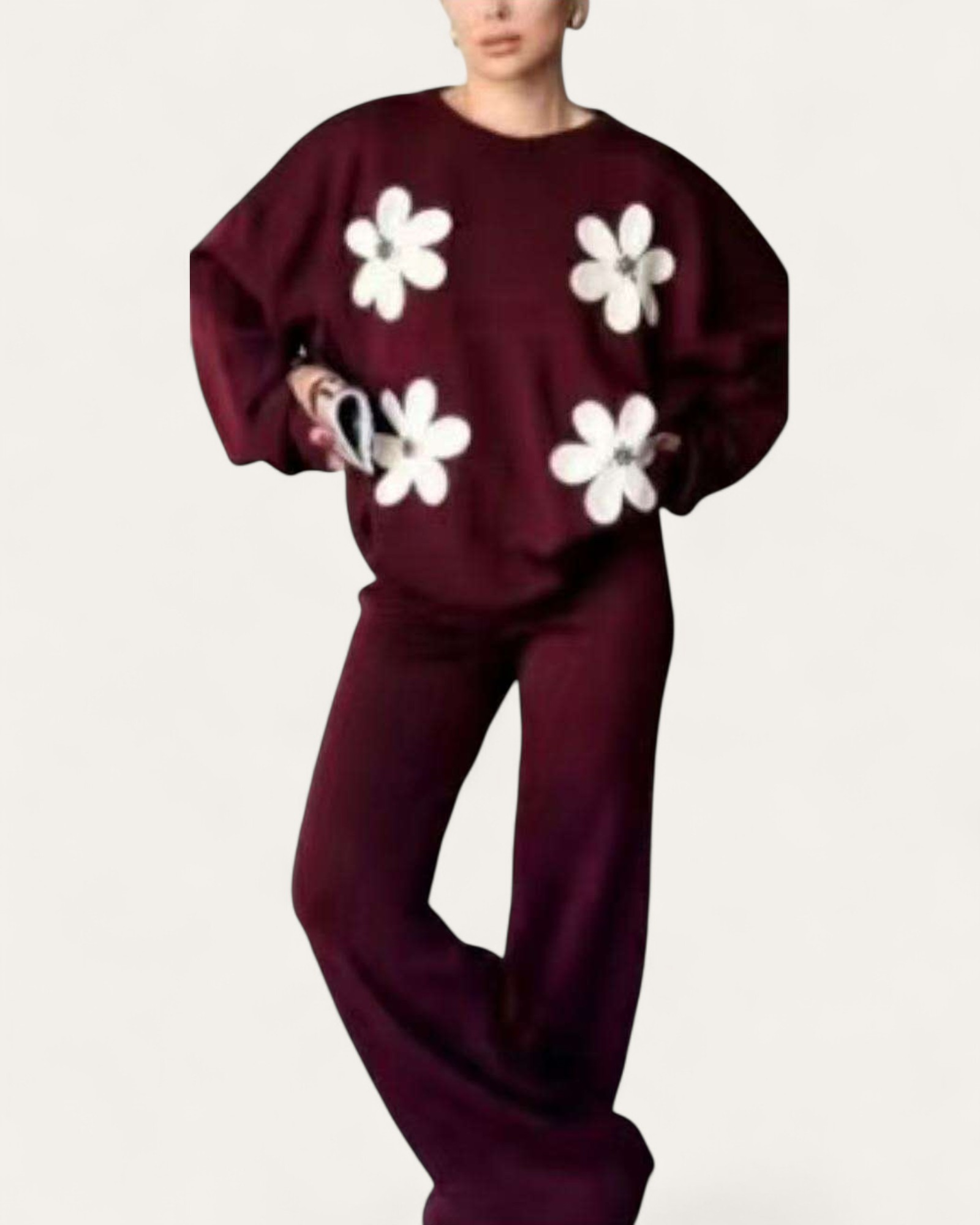 Daisy Motif Knit Two-Piece Sweater and Pants Set