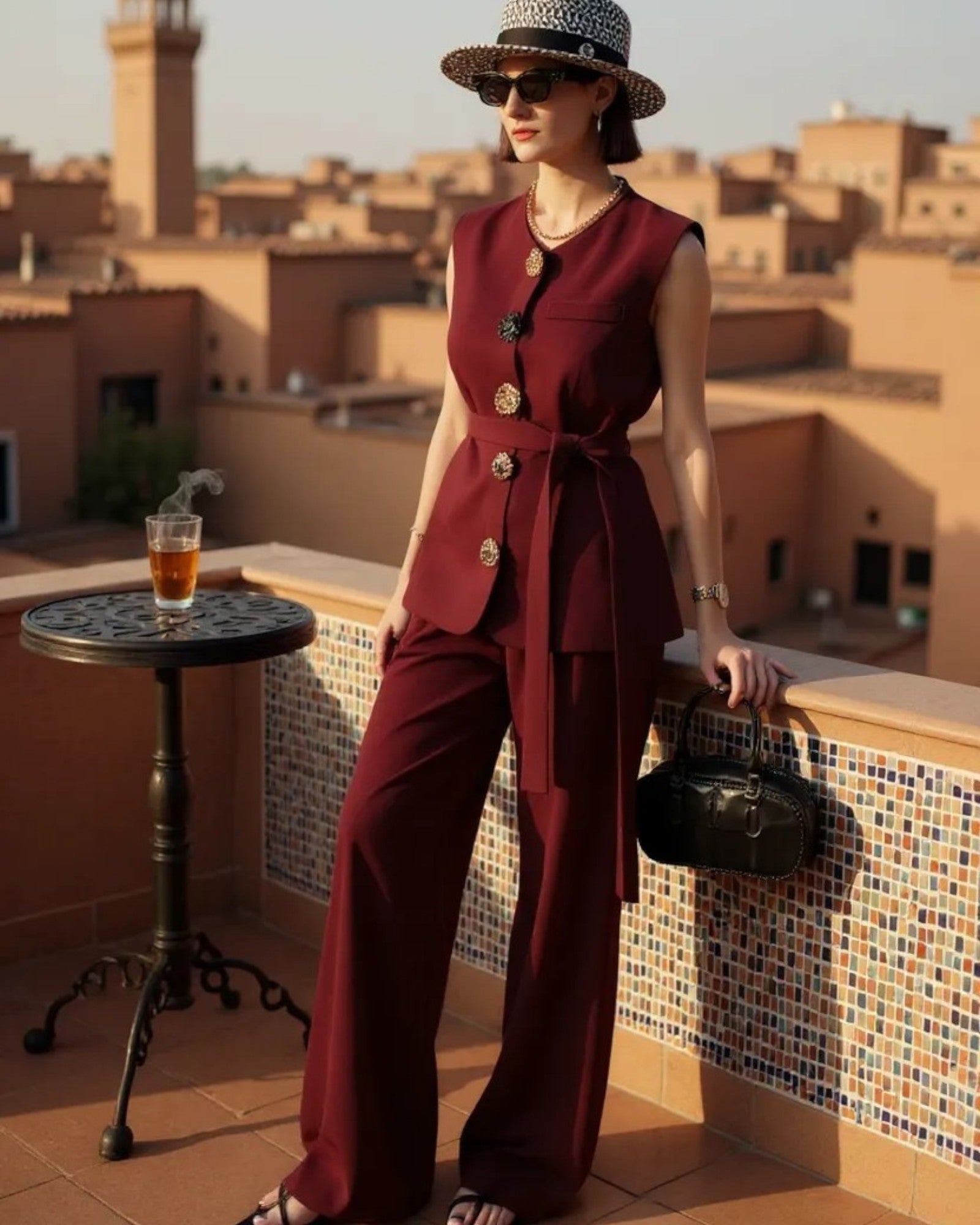 Chic Sleeveless Belted Suit Set