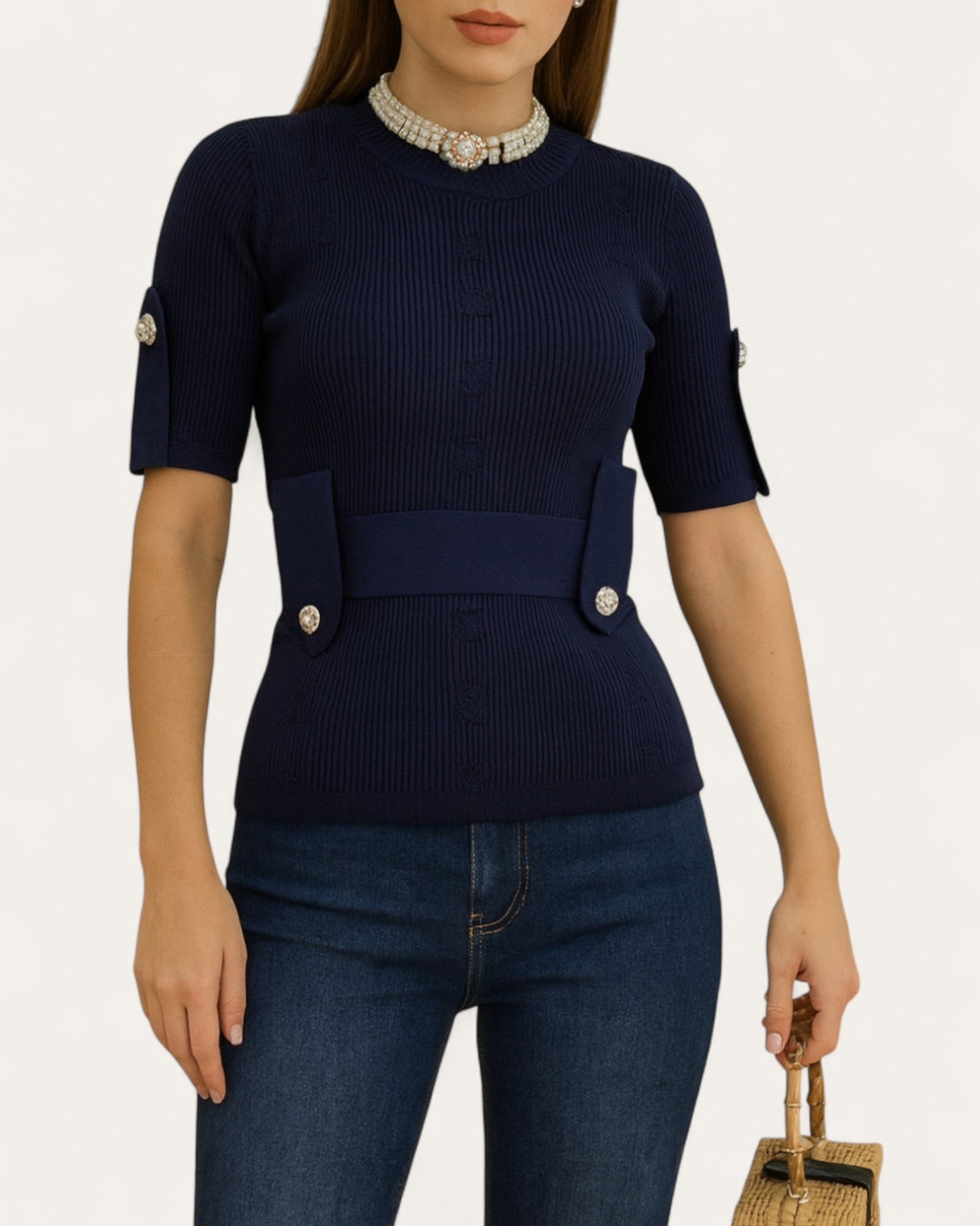 Bow Detail Half-Sleeve Knit Top
