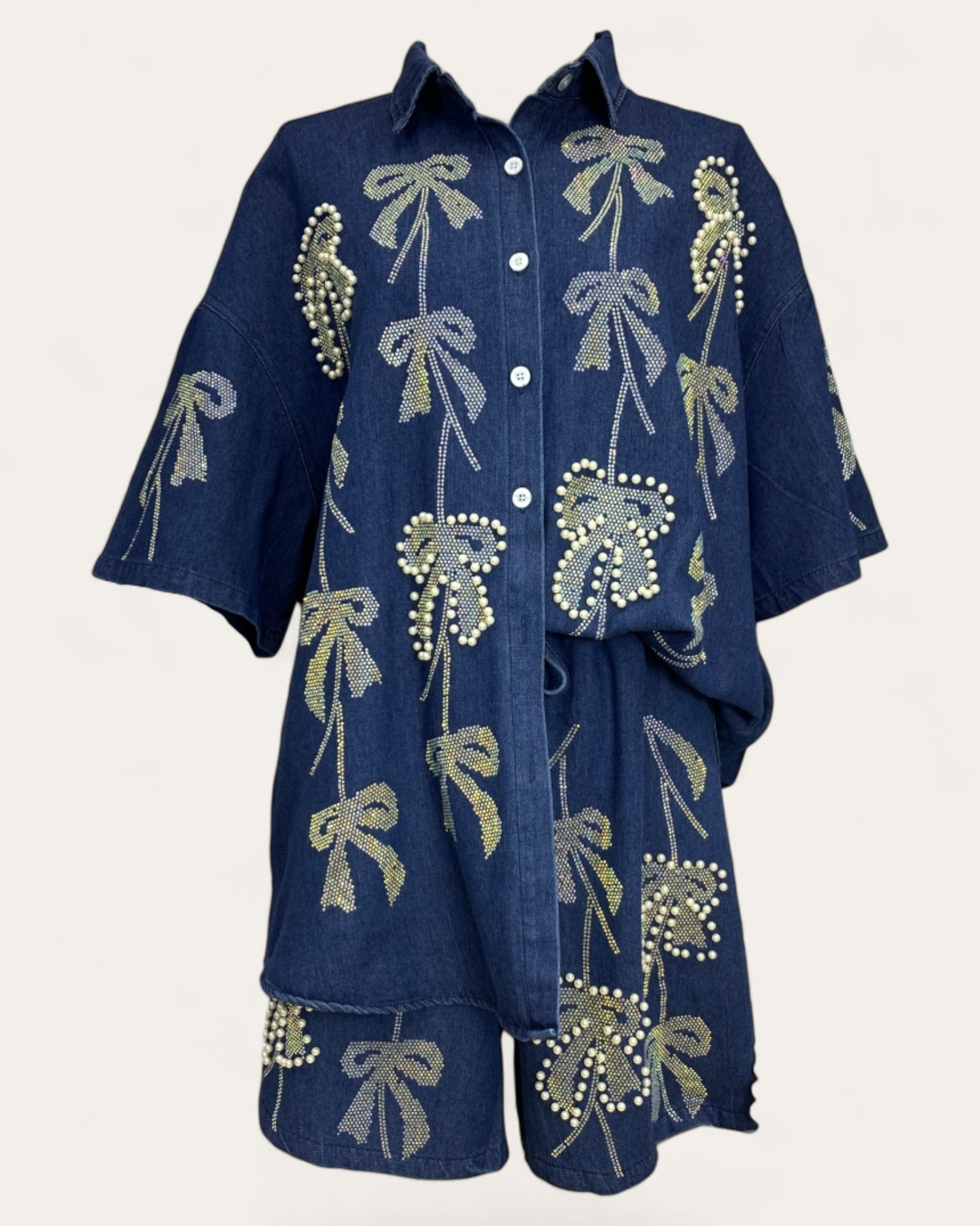 Embellished Denim Shirt & Shorts Set