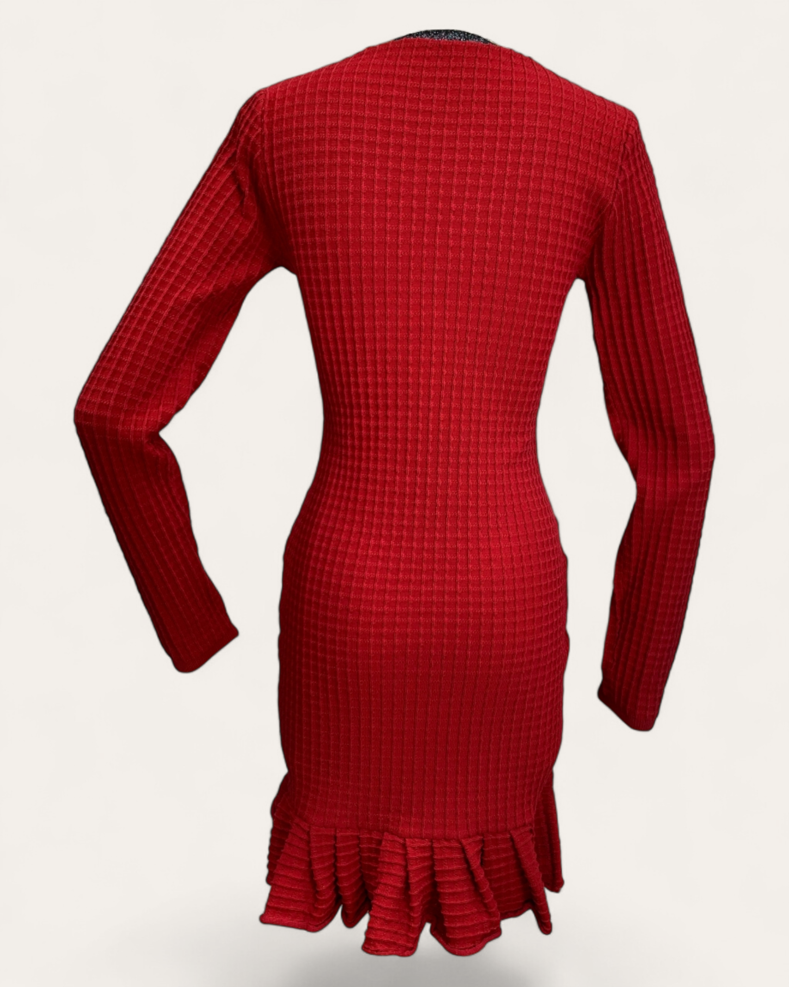 Ribbed Knit Button-Trim Bodycon Dress with Ruffle Hem