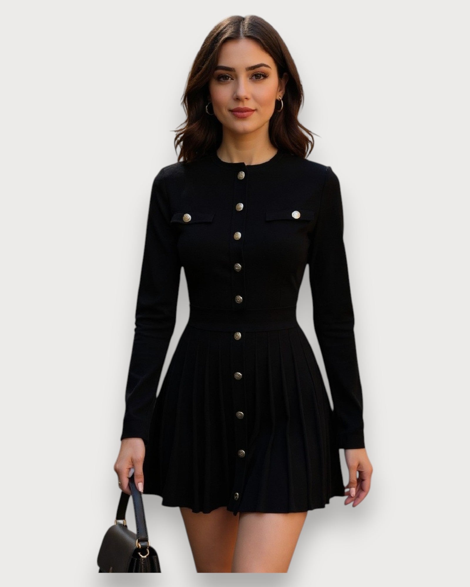 Pleated Knit Top and Skirt Set with Gold Button Detail