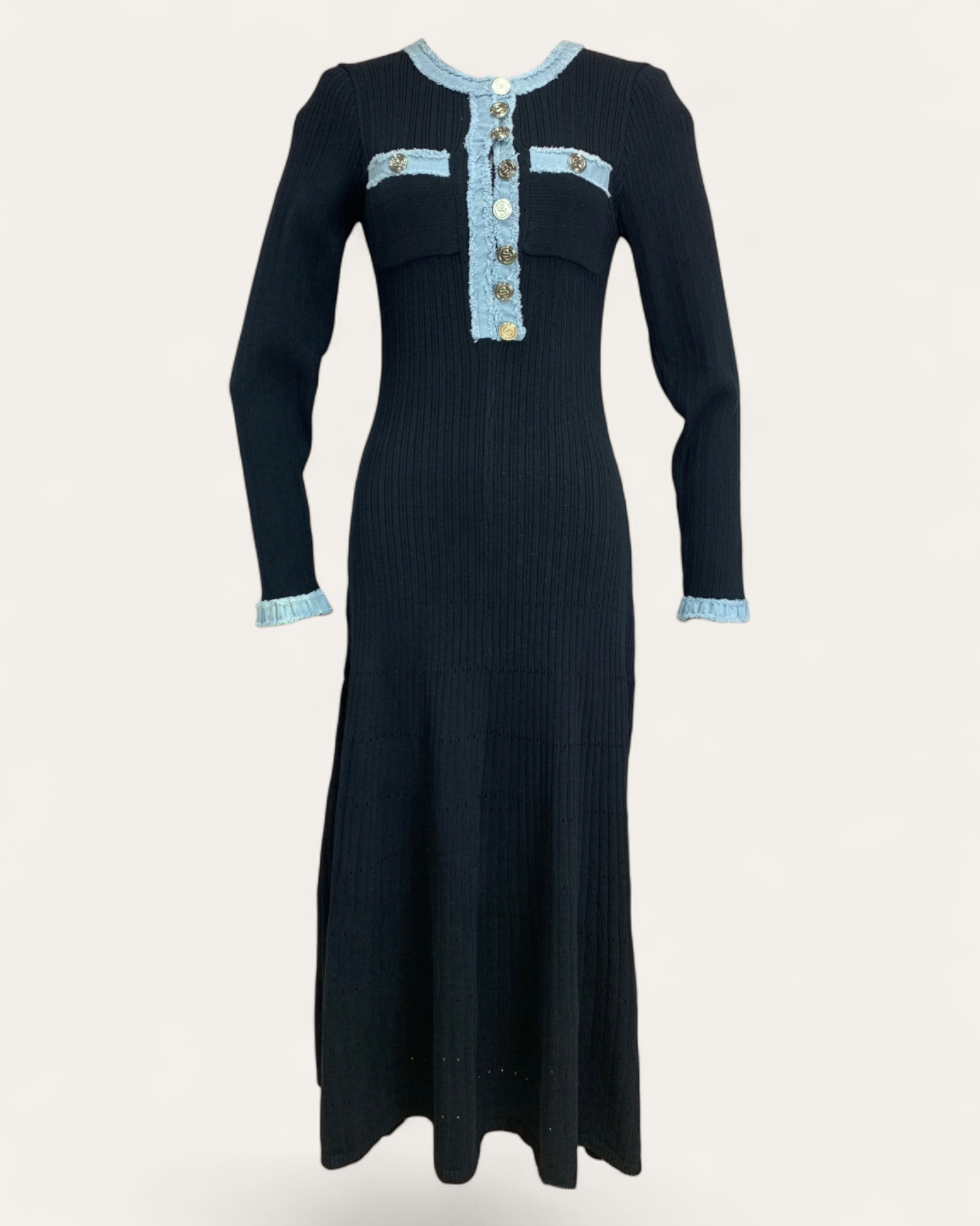 Contrast Denim Trim Ribbed Knit Maxi Dress