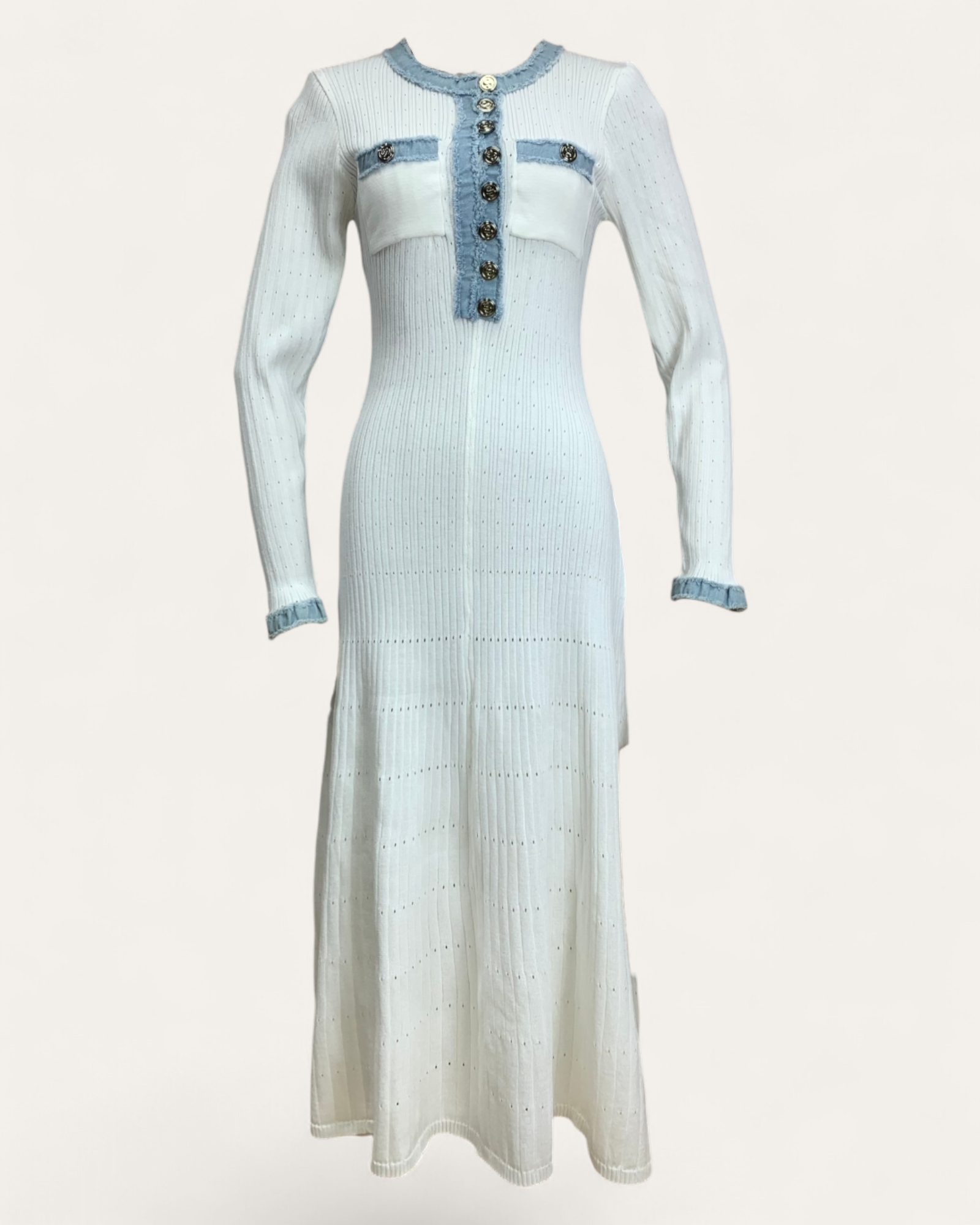 Contrast Denim Trim Ribbed Knit Maxi Dress