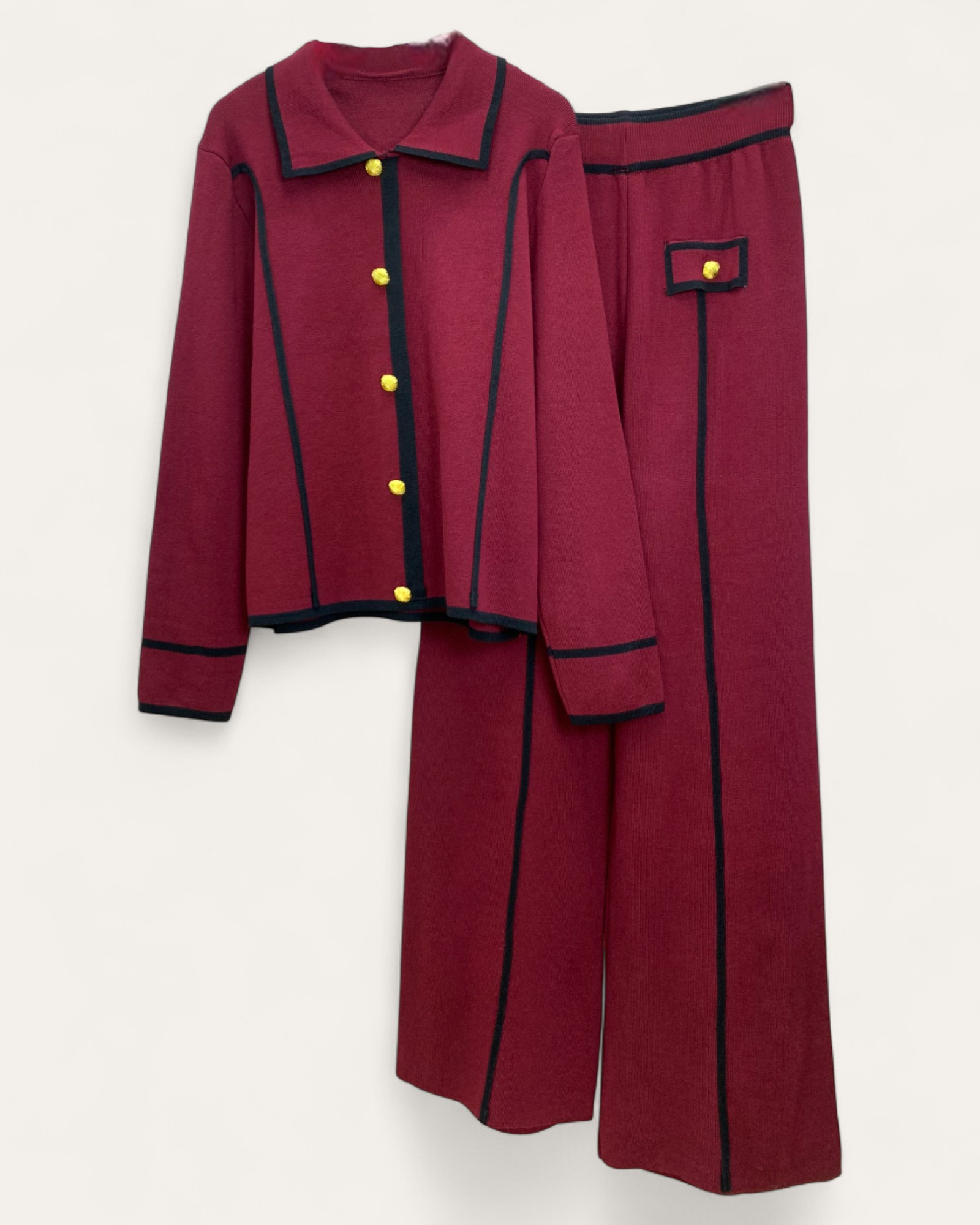 Tailored Burgundy Knit Lounge Sets with Contrast Trim