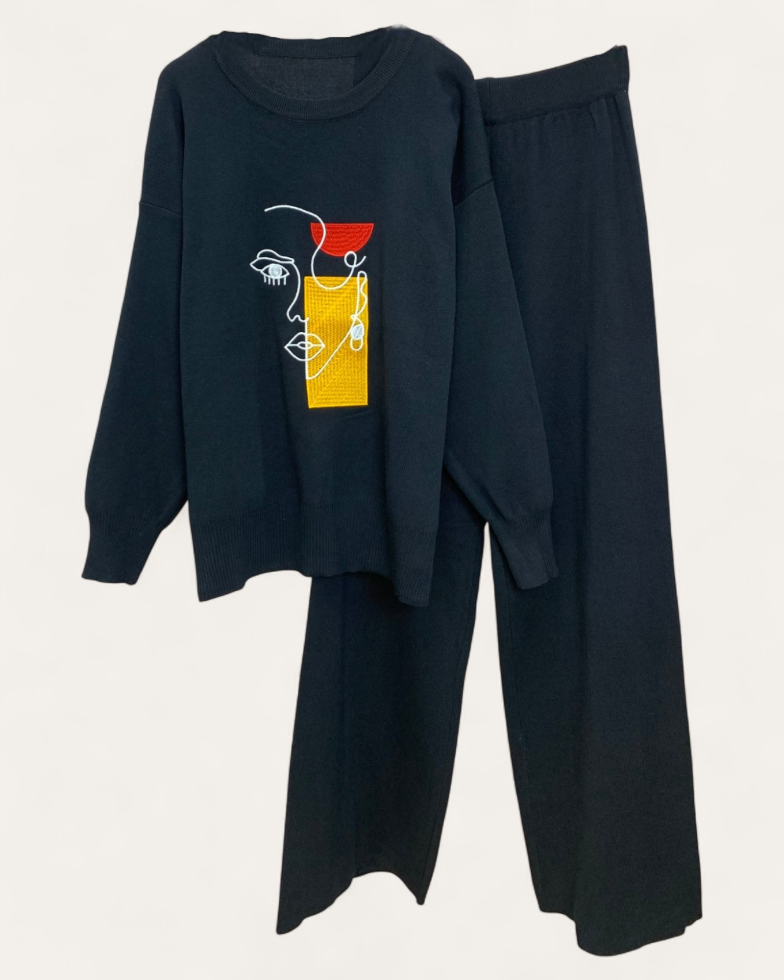 Abstract Face Embroidered Knit Sets