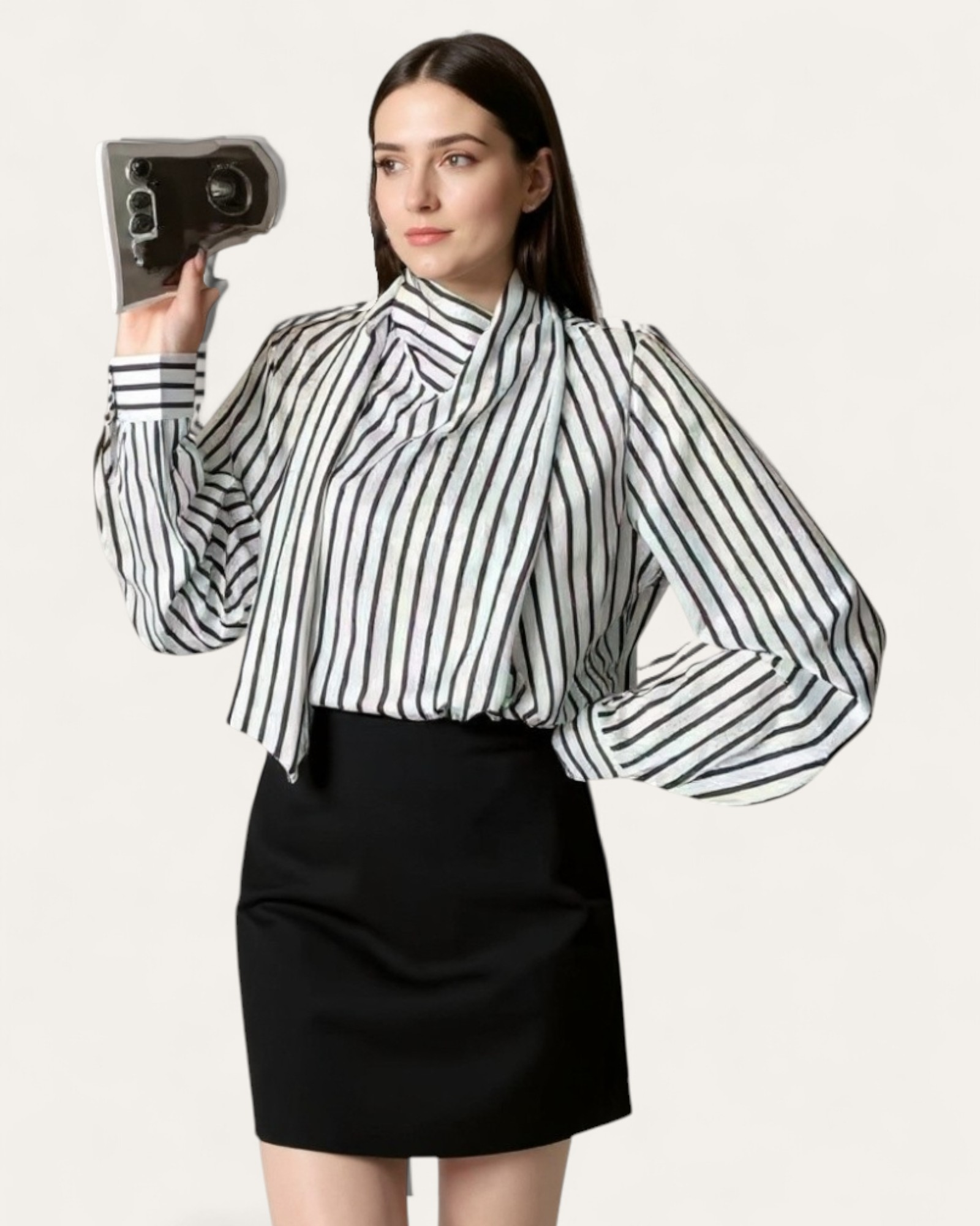 Striped Tie-Neck Blouse with Balloon Sleeves