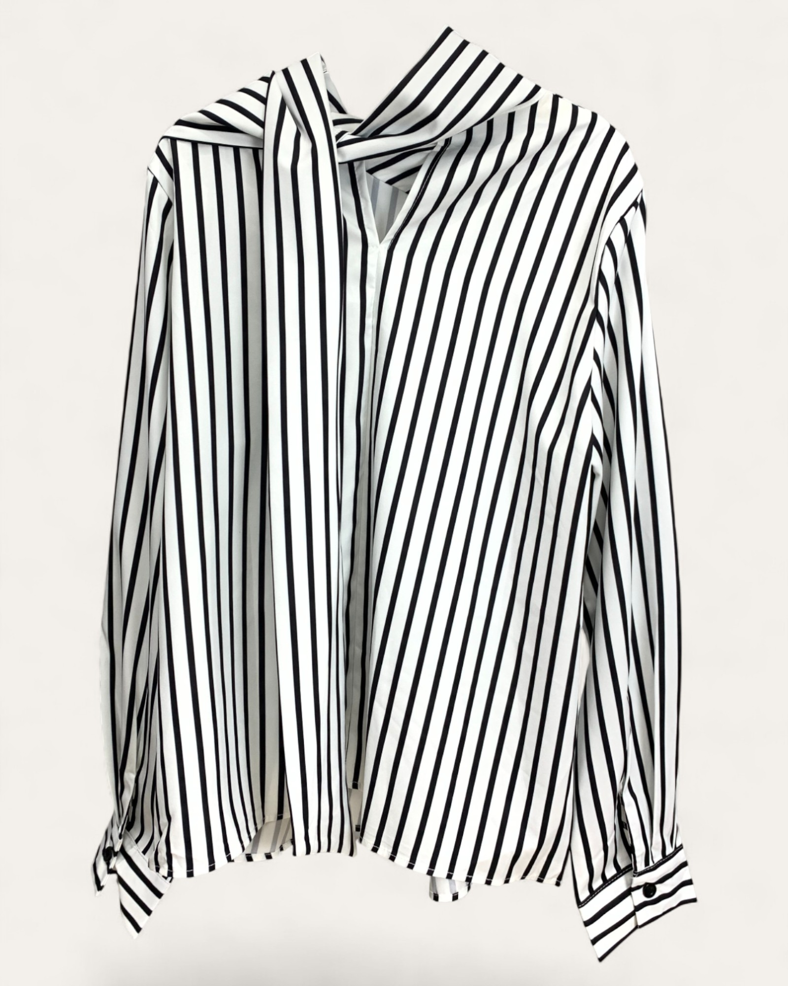 Striped Tie-Neck Blouse with Balloon Sleeves