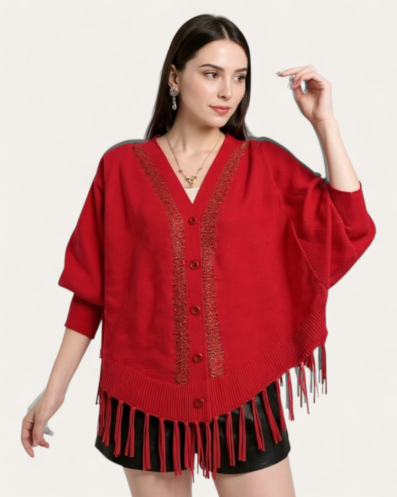 V-Neck Fringe Hem Knit Cardigan