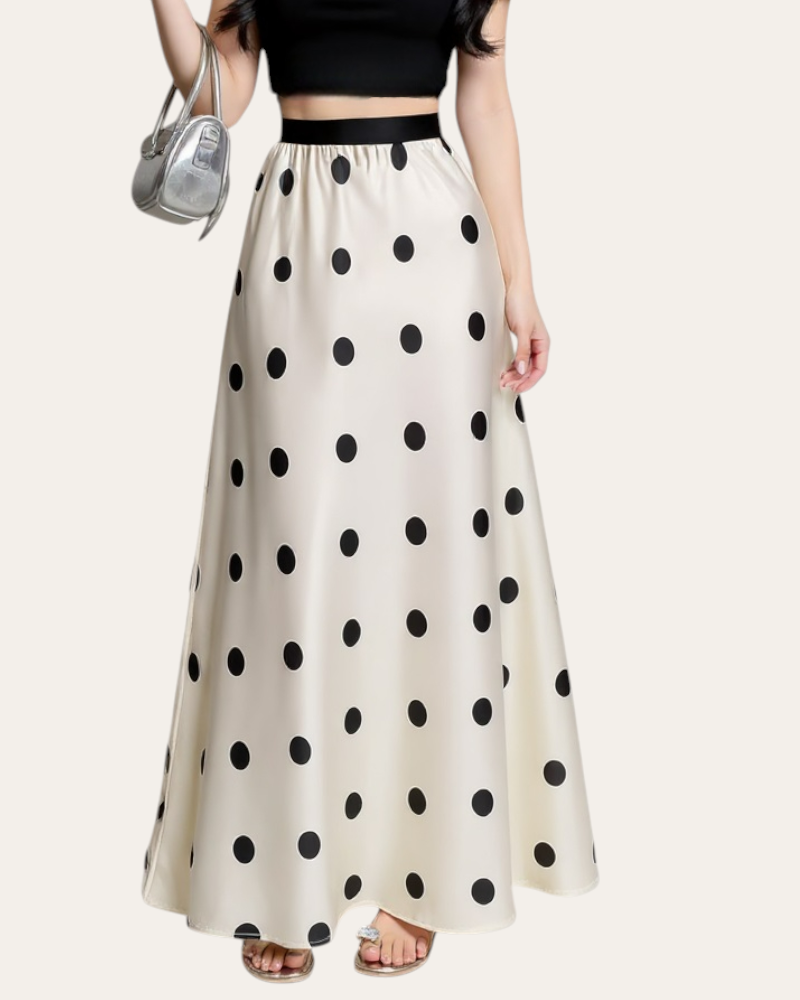 Polka Dot Satin Flared Maxi Skirt