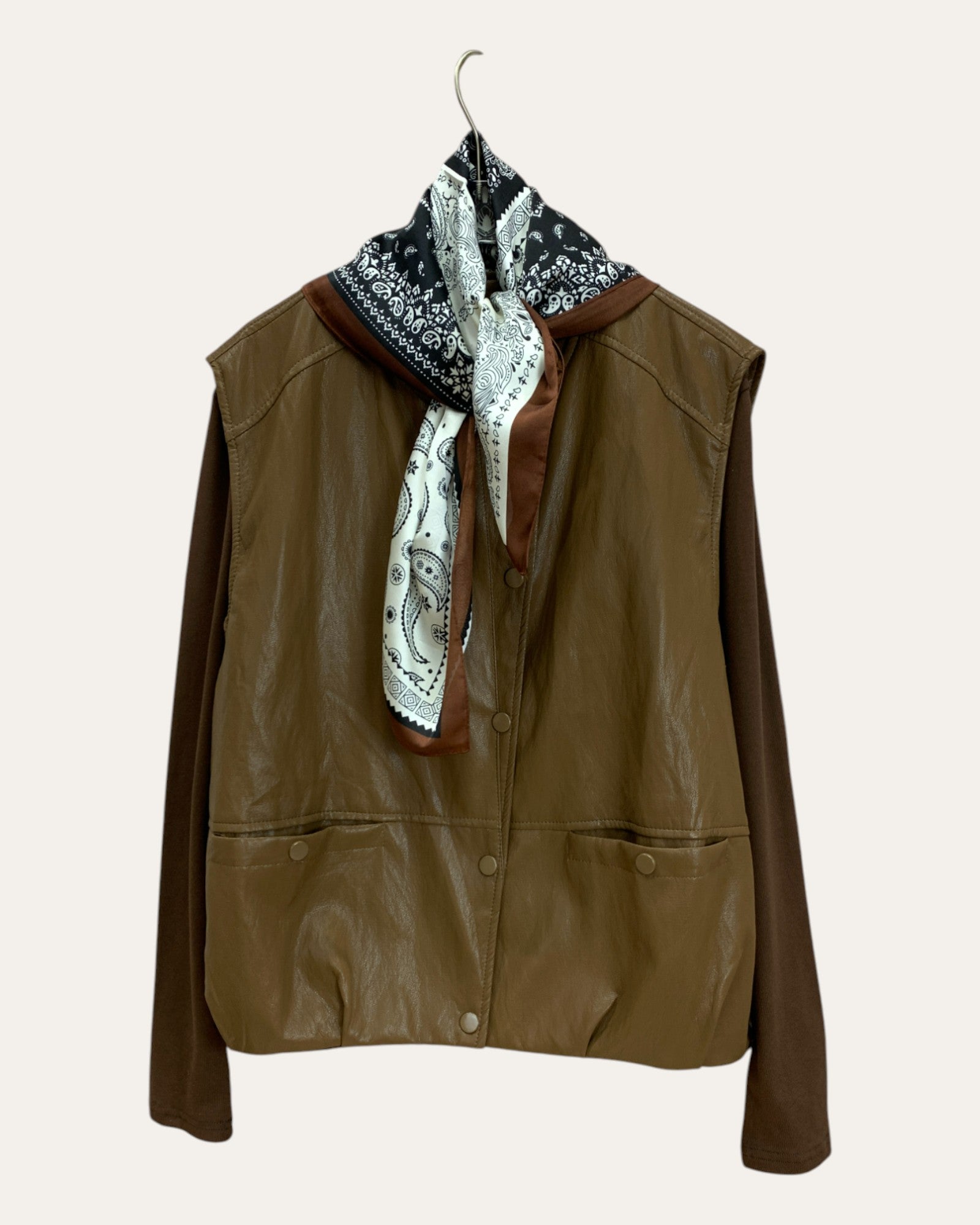 Faux Leather Panel Jacket with Scarf Collar