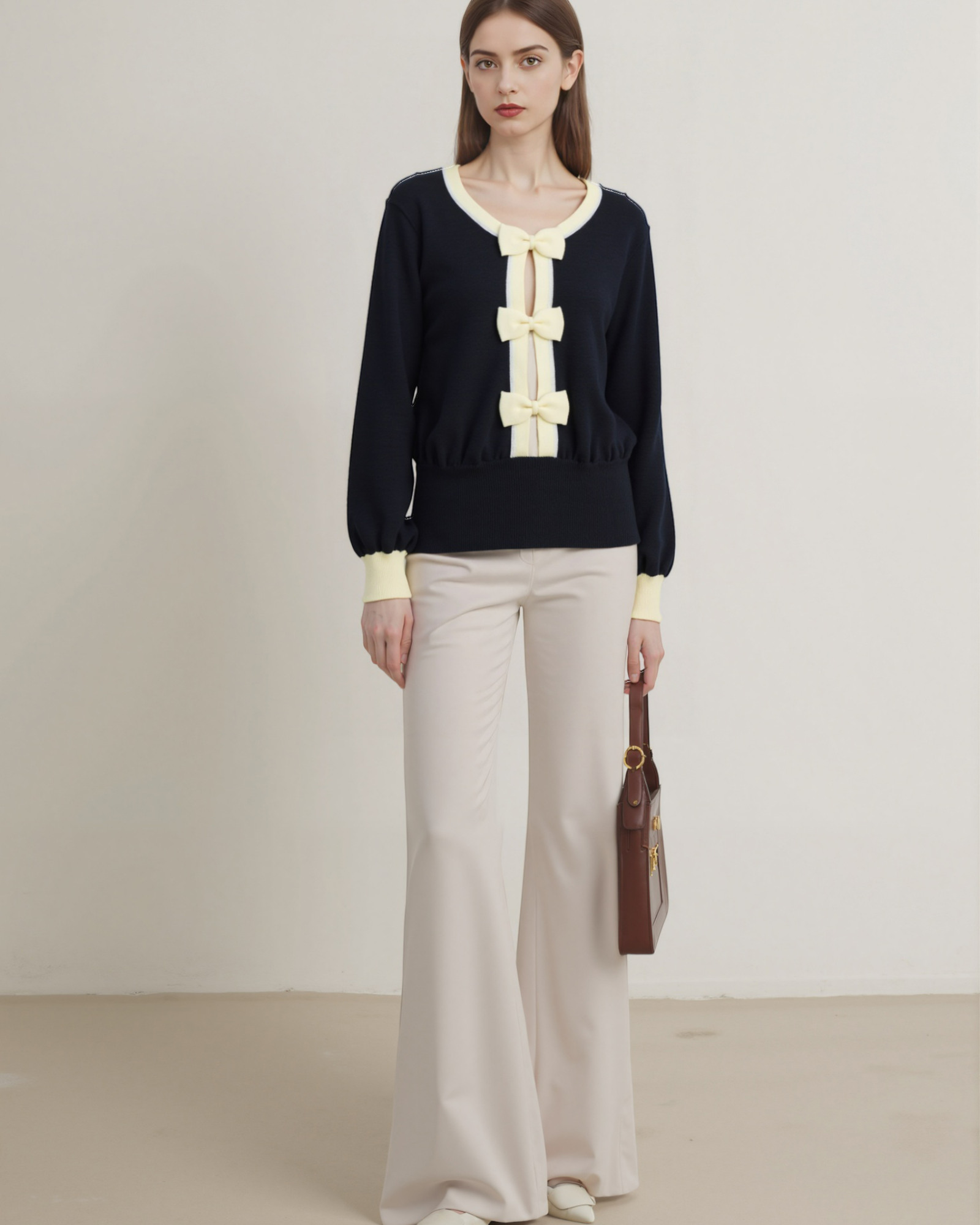 Contrast Bow-Tie Knit Top