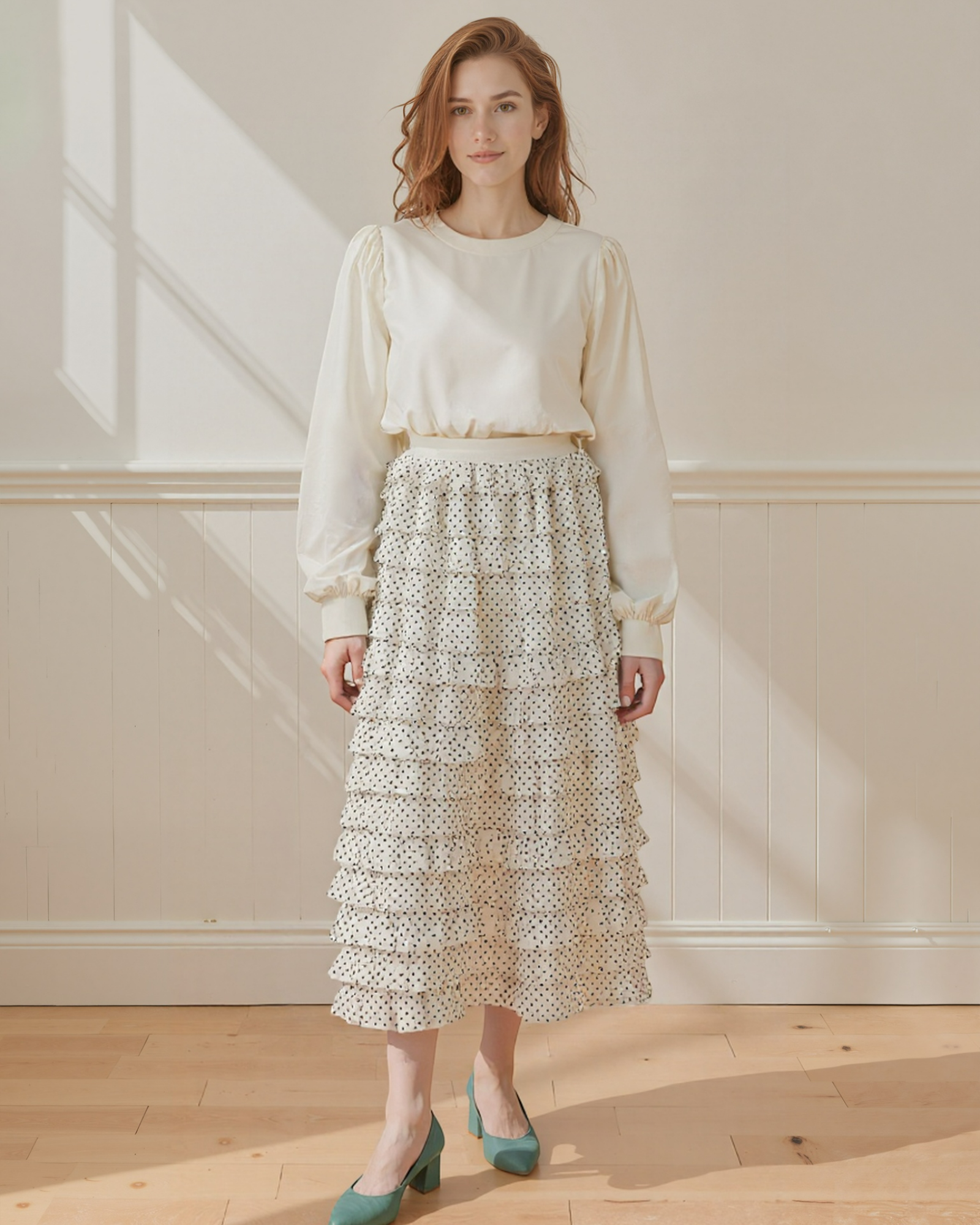 White Tiered Polka Dot Ruffle Skirt