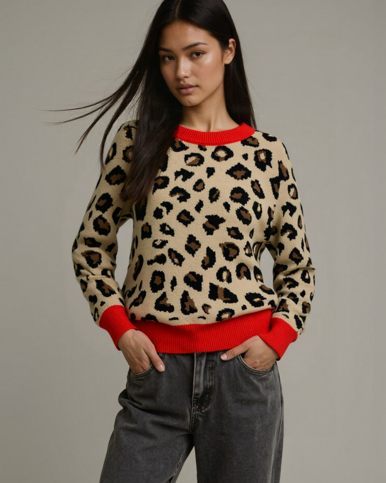 Red Trim Leopard Knit Sweater