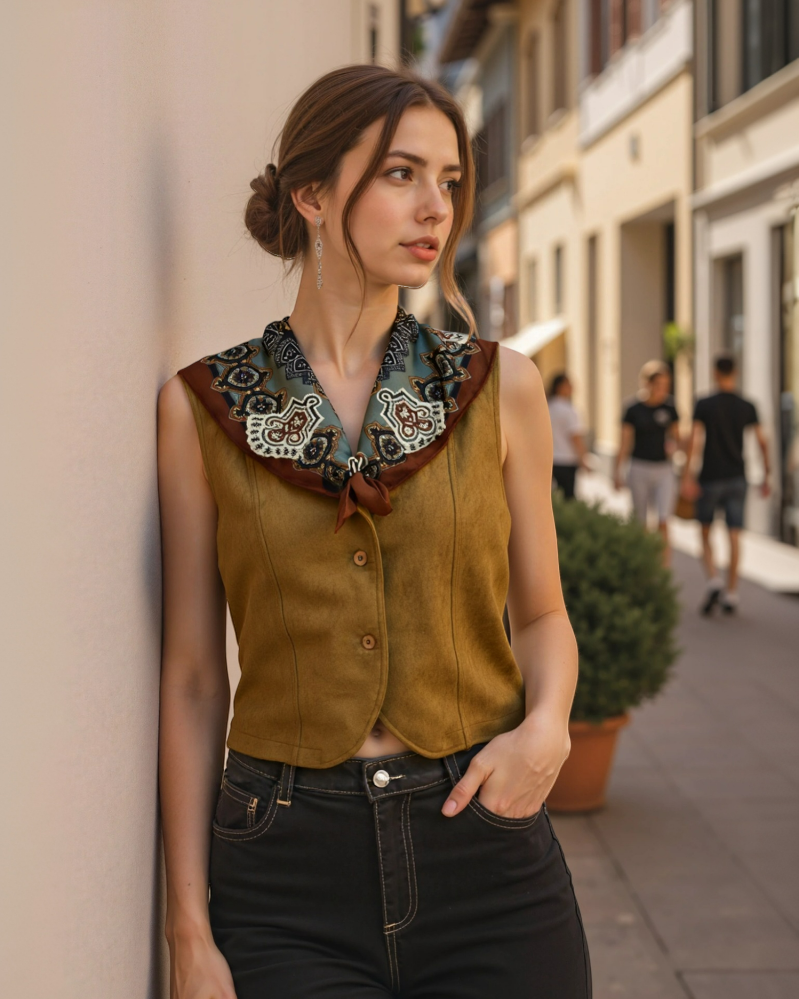 Faux-Suede Vest with Scarf Collar