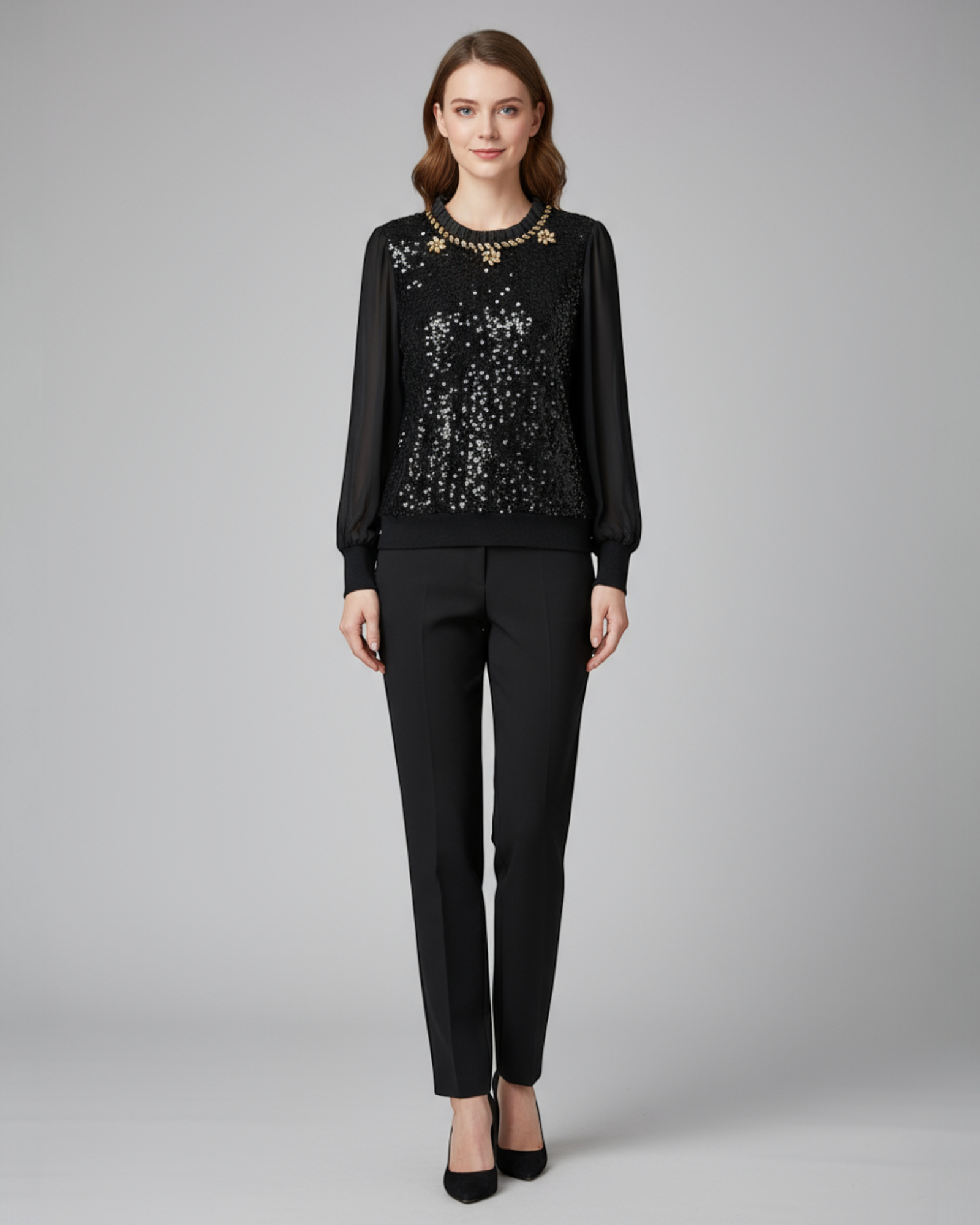 Sequin Embellished Sheer Sleeve Blouse