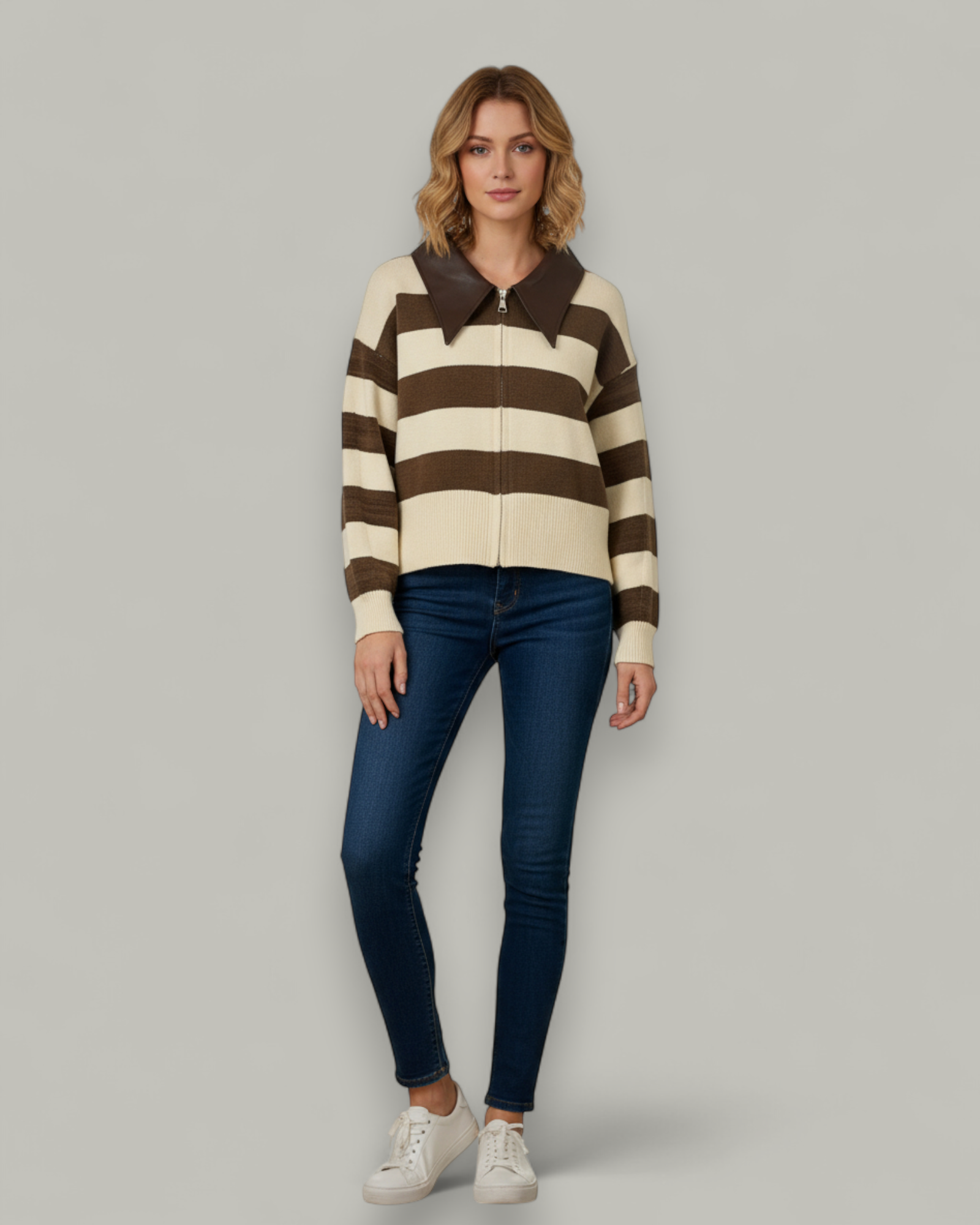 Striped Knit Zip-Up with Faux Leather Collar