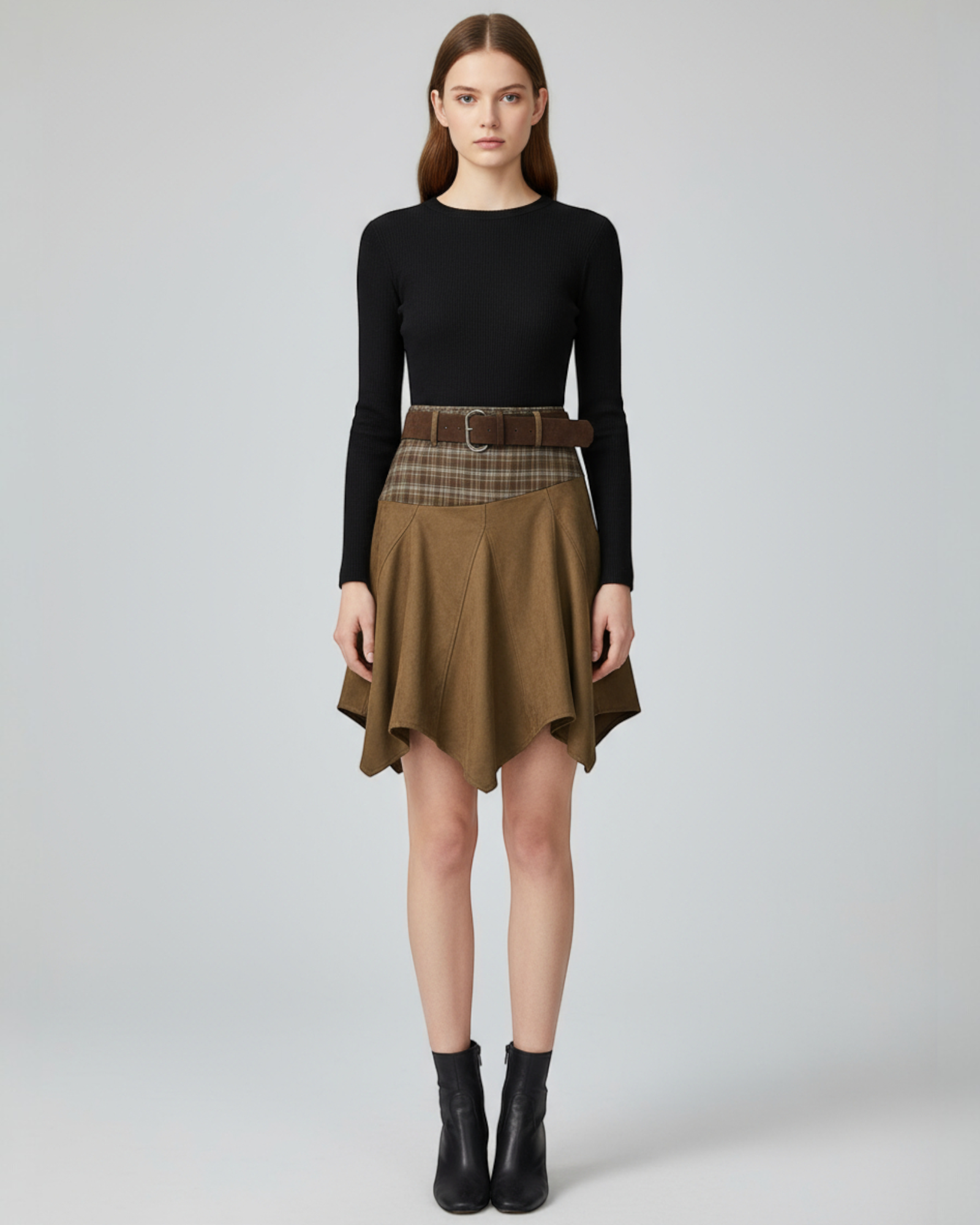 Asymmetric Faux Suede Plaid Contrast Skirt